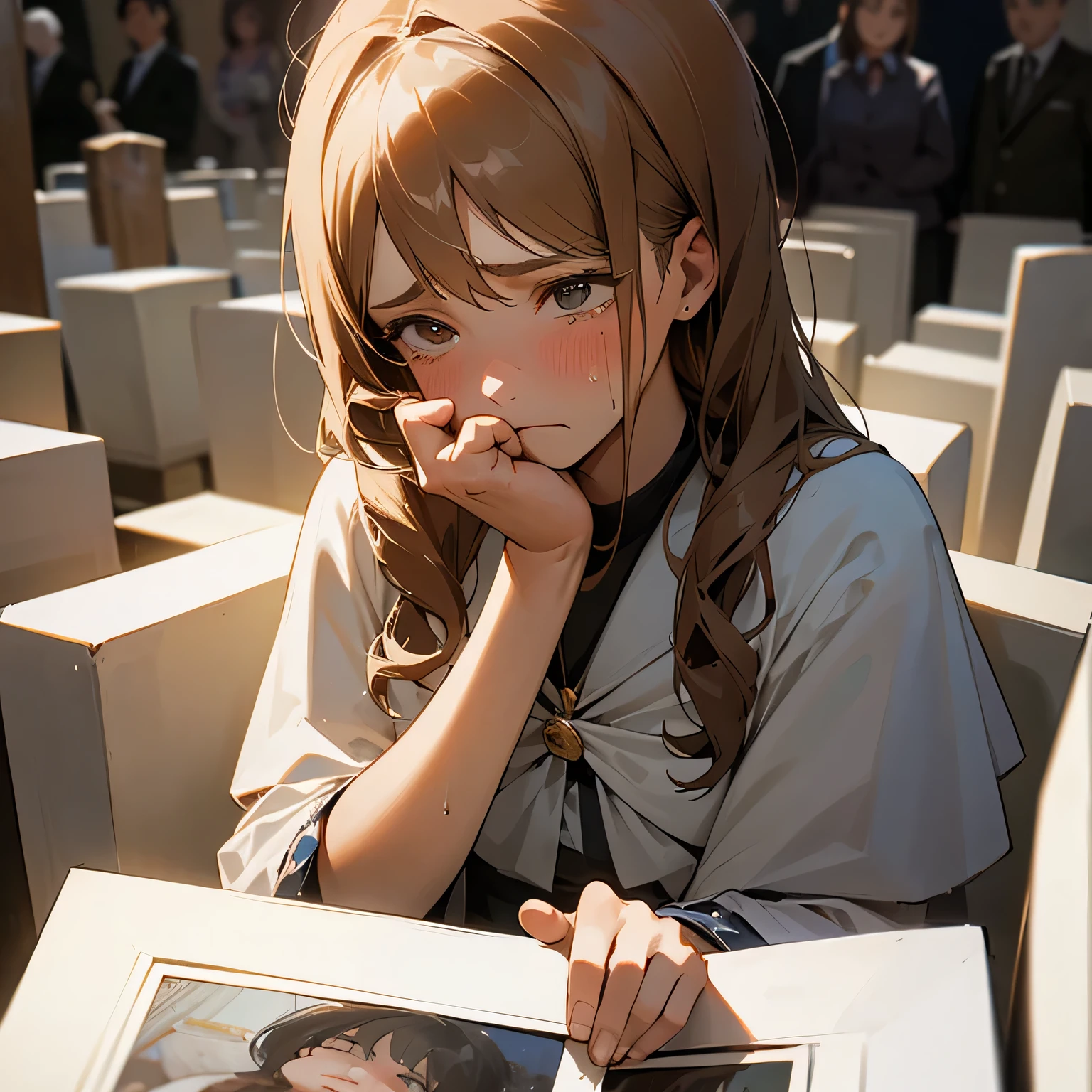 A girl holding her mother's memorial photo at her mother’s funeral, indifferent, tears rolling down her face