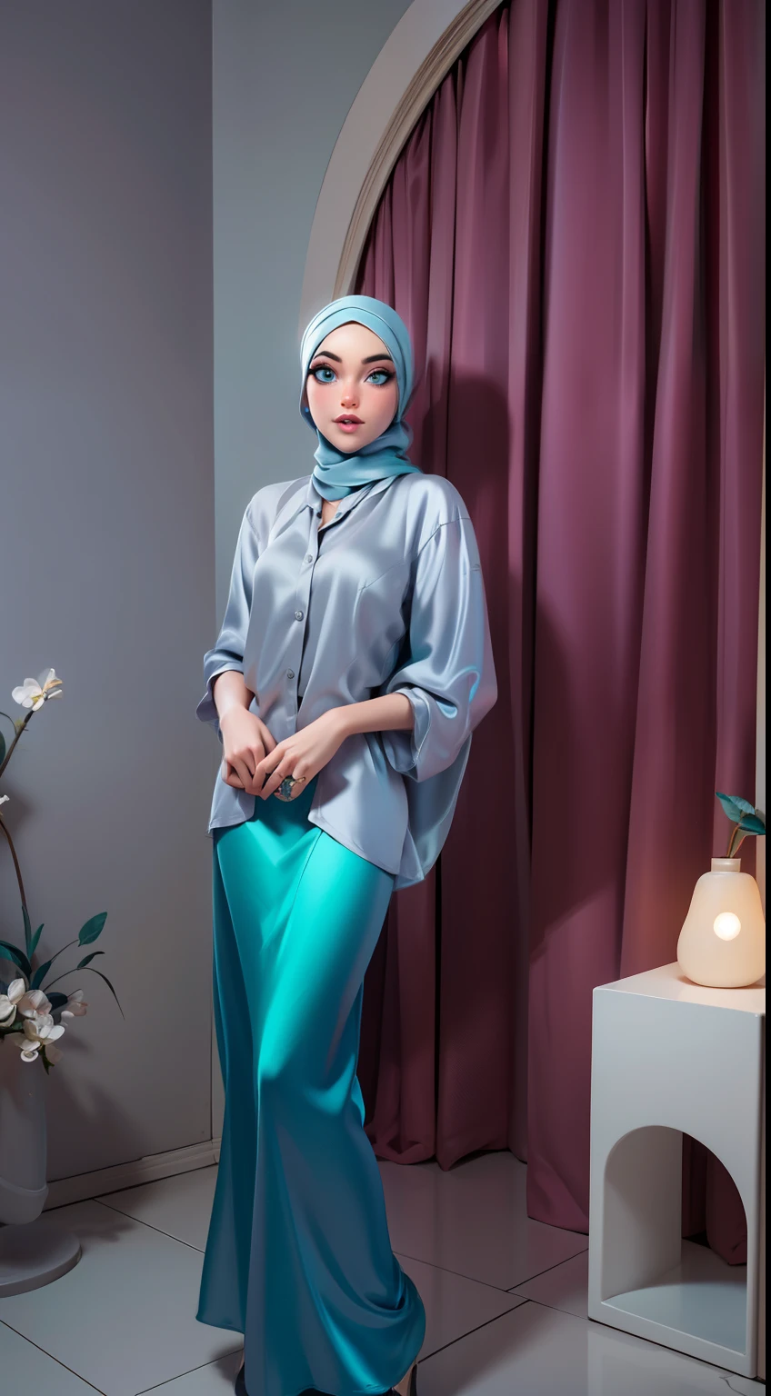 (Masterpiece, best quality) detailed, character sheet, ((a woman, beautifully makeup, eyeshadow, beautiful big eyes, long eye lashes, wearing (Teal satin hijab), ((gray satin shirt)), satin long maxi skirt)), photography, detailed skin, realistic, photo-realistic, 8k, highly detailed, full length frame, High detail RAW color art, diffused soft lighting, shallow depth of field, sharp focus, hyperrealism, cinematic lighting, extremely detailed artgerm, style artgerm, full of details.