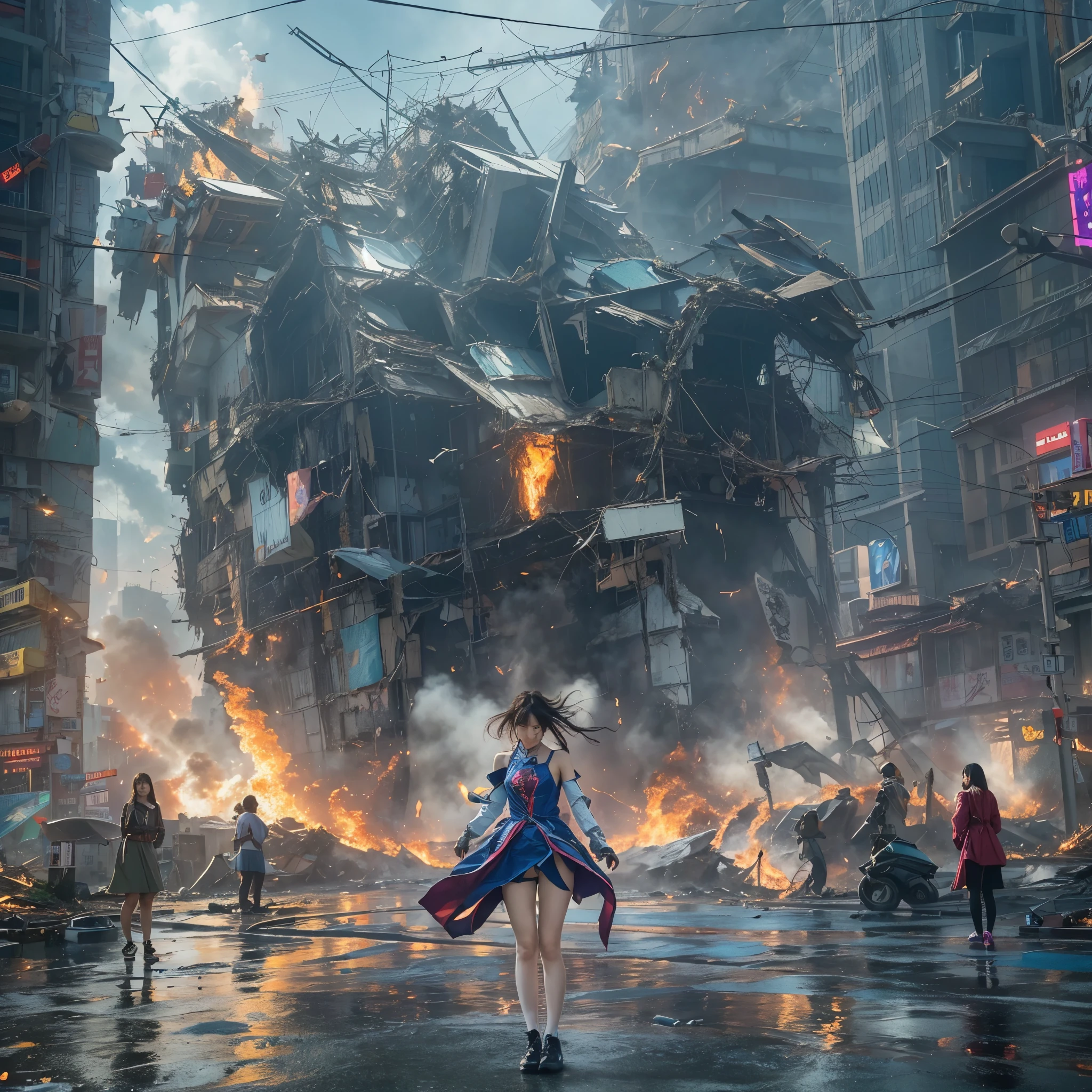 (highest quality、4k、8K、High resolution、masterpiece: 1.2)、Super detailed、(genuine、photogenuineistic、photogenuineistic: 1.37)、Destruction of a Great City、(A woman with telekinesis stands in front of a mech controlled by the invaders:1.37) 、(Women are young and beautiful、18-year-old、unparalleled beauty:1.5)、Insert a mental barrier to resist robot attacks、Vibrant cityscape、bright colors、Shining skyscrapers、Busy Street、Futuristic architecture and technology、Advanced Holographic Displays、Neon light splashes 、dramatic lighting、intense shadow、The awe-inspiring power that women exude、determination in his eyes、Elegant flowing gown、Dynamic action in the wind、Stretch out your arms and lunge towards the robot.、Powerful energy is emitted from the hands.、blue shining aura、sparks of electricity、electricity crackling in the air、A whirlpool of energy surrounding women、A fascinating and surgenuine atmosphere、A sense of danger and impending doom、Background chaos and destruction、Crumbling Building、Flying Debris、Smoke and flames、 The contrast between beauty and destruction、The battle between technology and the extraordinary power of young women。 cr1r3