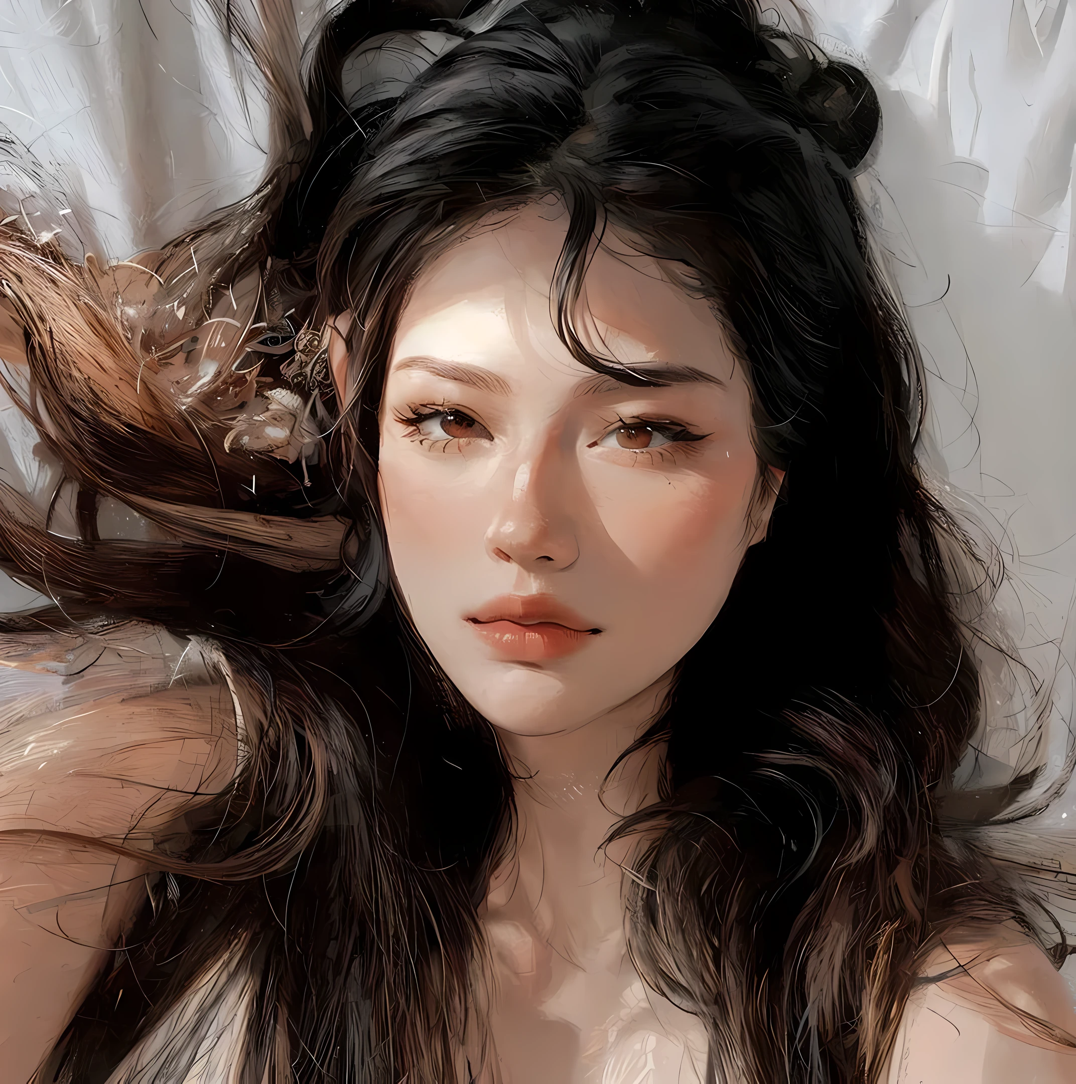 (masterpiece:1.2, best quality), (real picture, intricate details), 1lady, solo, upper body, casual, long hair, minimal makeup, natural fabrics, close-up face, coquette, e-girl
