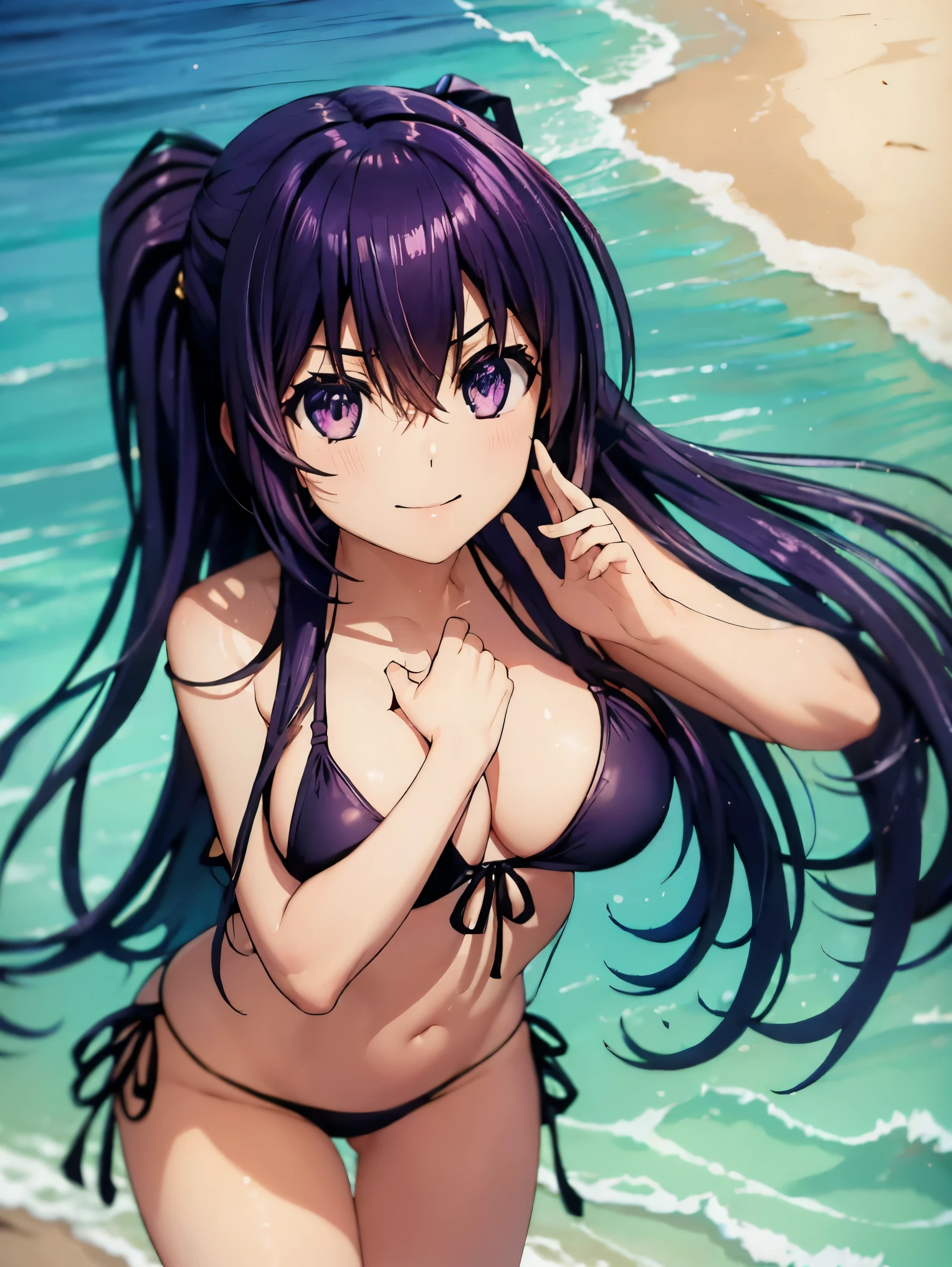 1 garota, Sozinho,tohka , cabelo longo, Seios enormes, decote, coxas, (bikini), Praia mar, (Encharcado:1.1), sorridente, detailed hands