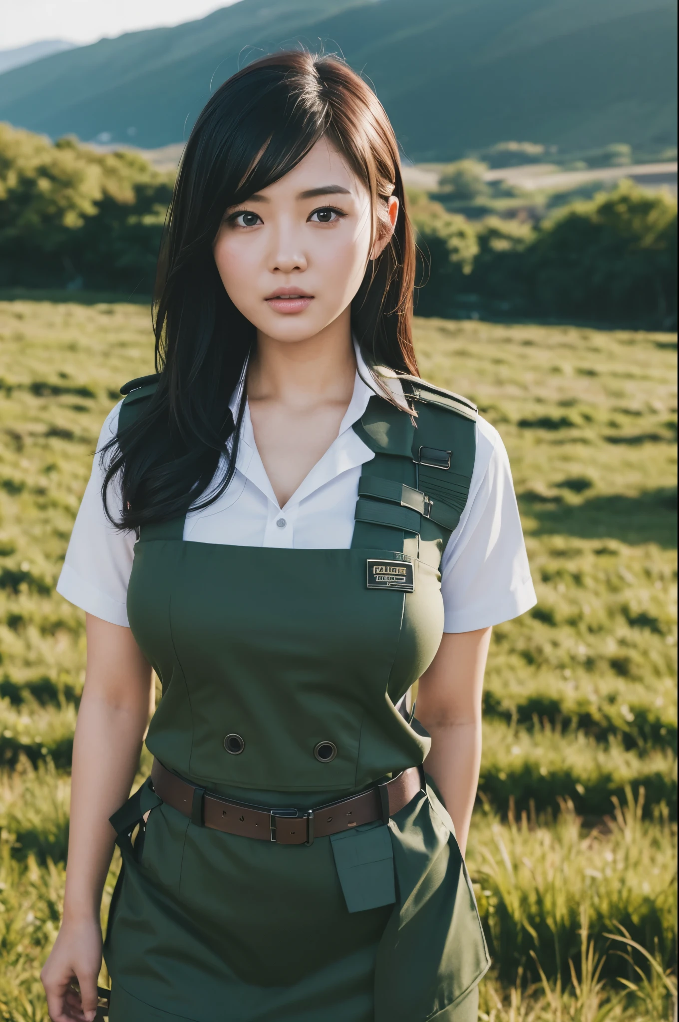 Beautiful busty Asian woman，Slightly fat，Wearing《call of Duty》style,Field uniforms， Half body，photo, 使用佳能 EOS R5 DSLR 相机拍摄的photo, movie lighting, 超真實photo, intricate details, Her face is very delicate