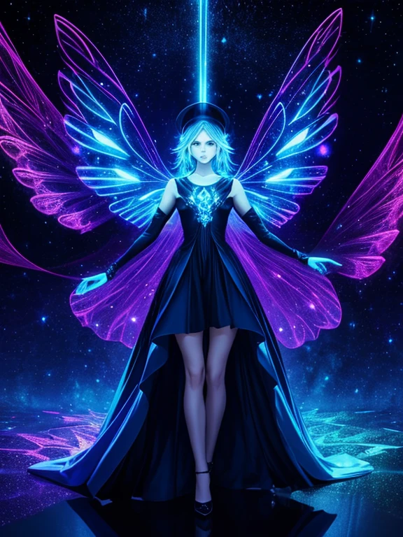 absurdres , highres, ultra detailed, (1girl:1.3), BREAK, fantasic dress, headwear, BREAK, light persona, dark persona, mind control, fractal, full body, ceiling, Artistic Background, blue Bioluminescence, Geometric, Organic, blessing, favor, exalted, sublime, noble, unfolding, unraveling, antigravity, antimatter, guardian angel, holy, sacred, spiritual, dignified, red Bioluminescence, flower, holographic wings, on Magic circle, Photon, butterfly, scales, galaxy, BEARK,