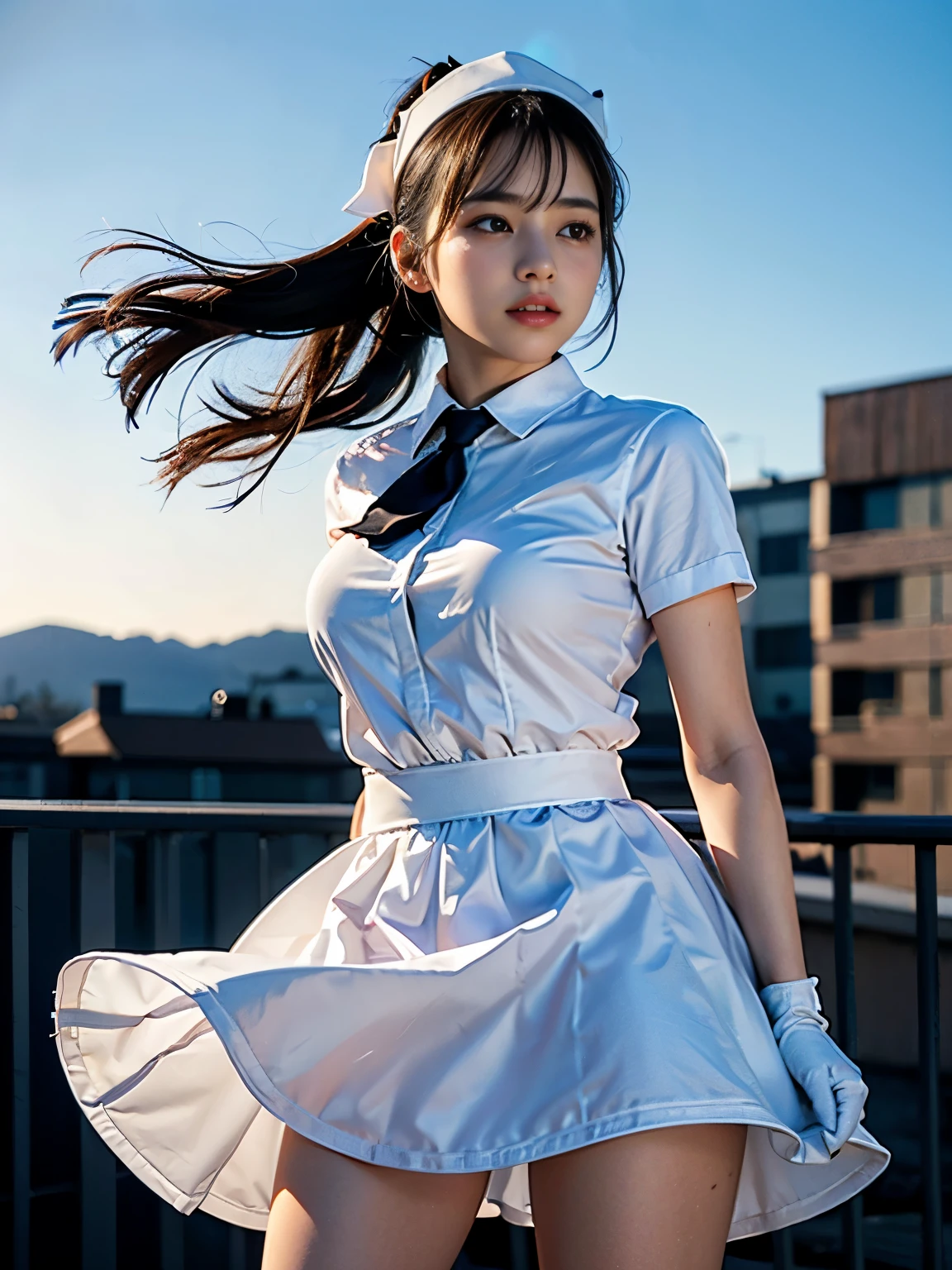 best quality, masterpiece, (realistic:1.2), (face and body straight at the camera;1.3), 1girl, , (silhouette lighting:1.3), sobbing, light brown ponytail hair with bangs, white nurse costume, white nurse cap, white gloves and mask, detailed face, amber eyes, beautiful eyes, medium breast, (spread arms:1.4), rooftop in twilight, windy upskirt, wind blowing skirt