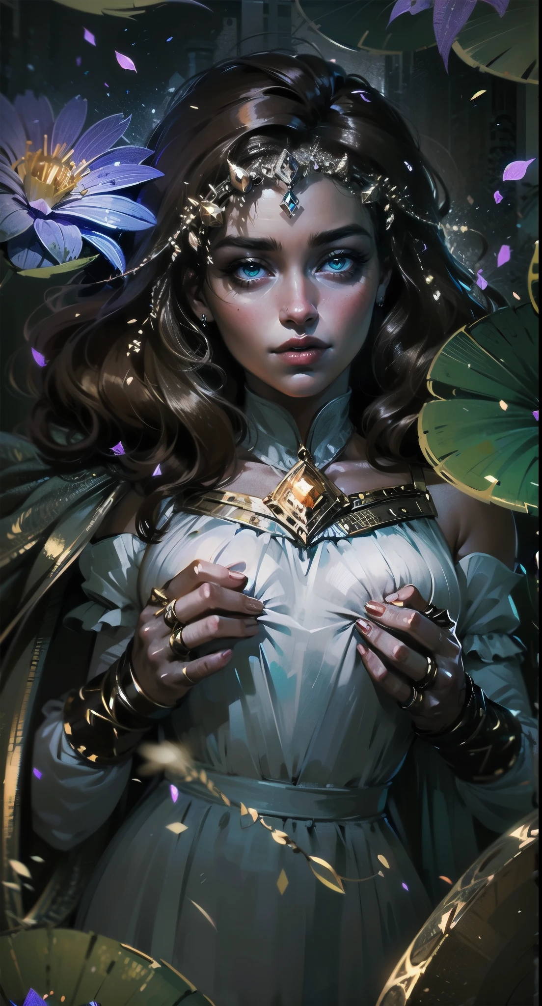 Neon, Retro, fantasy, girl, sweet face, with long brown hair, dark skin, in a light open white dress with a low neckline on the chest with diamonds on the fabric with open shoulders, expressive breasts, gorgeous, face looks like Emilia Clarke, 8K, HD