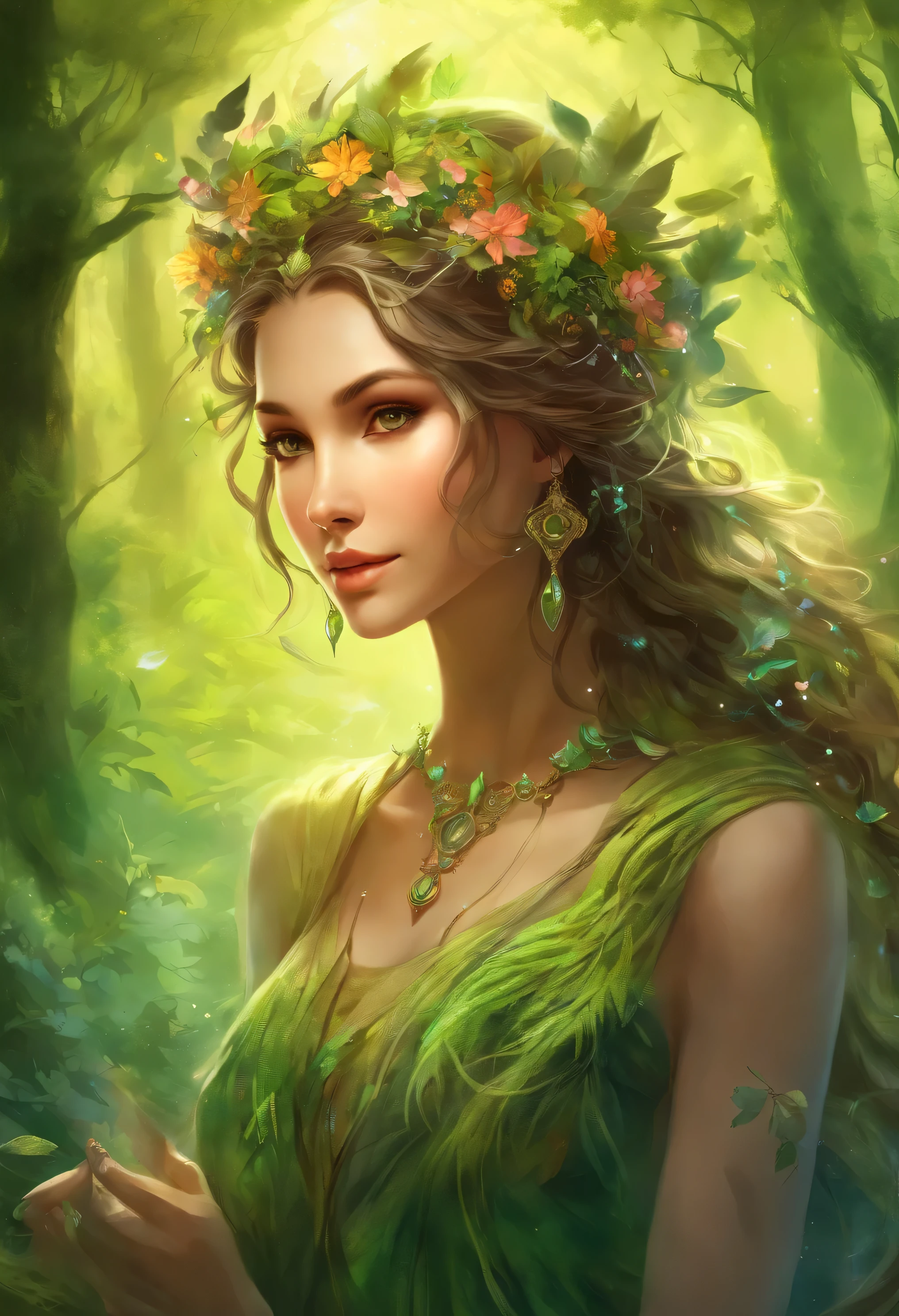 "(best quality: 1.2), masterpiece, ultra-detailed 8K UHD, ((official art)), cg, 1 ethereal forest goddess, immersed amidst ancient towering trees, (mystical aura:1.3), her flowing dress made of intertwined vines and delicate leaves, (meticulously detailed), skin glowing with a soft green luminescence, (elemental bond with nature:1.2), her long hair intertwined with flowers, buds, and branches, (intricate forest-themed jewelry:1.2), (eyes reflecting deep forest mysteries:1.3), a crown made of intertwined branches and shimmering dewdrops, (feet barely touching a moss-covered ground:1.1), surrounded by magical forest creatures, both seen and unseen, (aura of forest whispers:1.3). Fluttering fireflies illuminating her silhouette, (nurturing and gentle expression:1.1), hands outstretched, releasing a flurry of vibrant petals and leaves, ((heart of the forest)), ultra-detailed background showcasing the heart of an enchanted forest, with light beams piercing through dense foliage, (dance of the shadows and lights:1.3), (symbol of life and renewal:1.2), solo, (sound of nature resonating:1.1), (detailed flora patterns on her attire:1.3), (contrast of earthy tones and shimmering greens:1.3)".