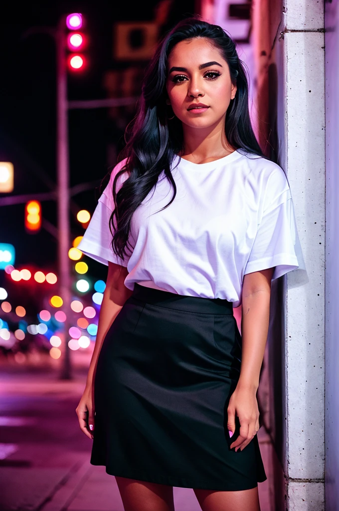latina woman leaning against a wall in a purple skirt and black t-shirt, at night on a street lit by neon lights, cinematic photo, many people in the background, white fabric, gray fabric, full body photo of the most beautiful latin woman of the world wearing the 4c3w3k, blouse. Shallow depth of field, Vignette, highly detailed, big budget Hollywood film, Bokeh, cinemascope, moody, epic, Gorgeous, Film grain, grainy. 35mm photography, Film, Bokeh, professional, 4k, highly detailed
