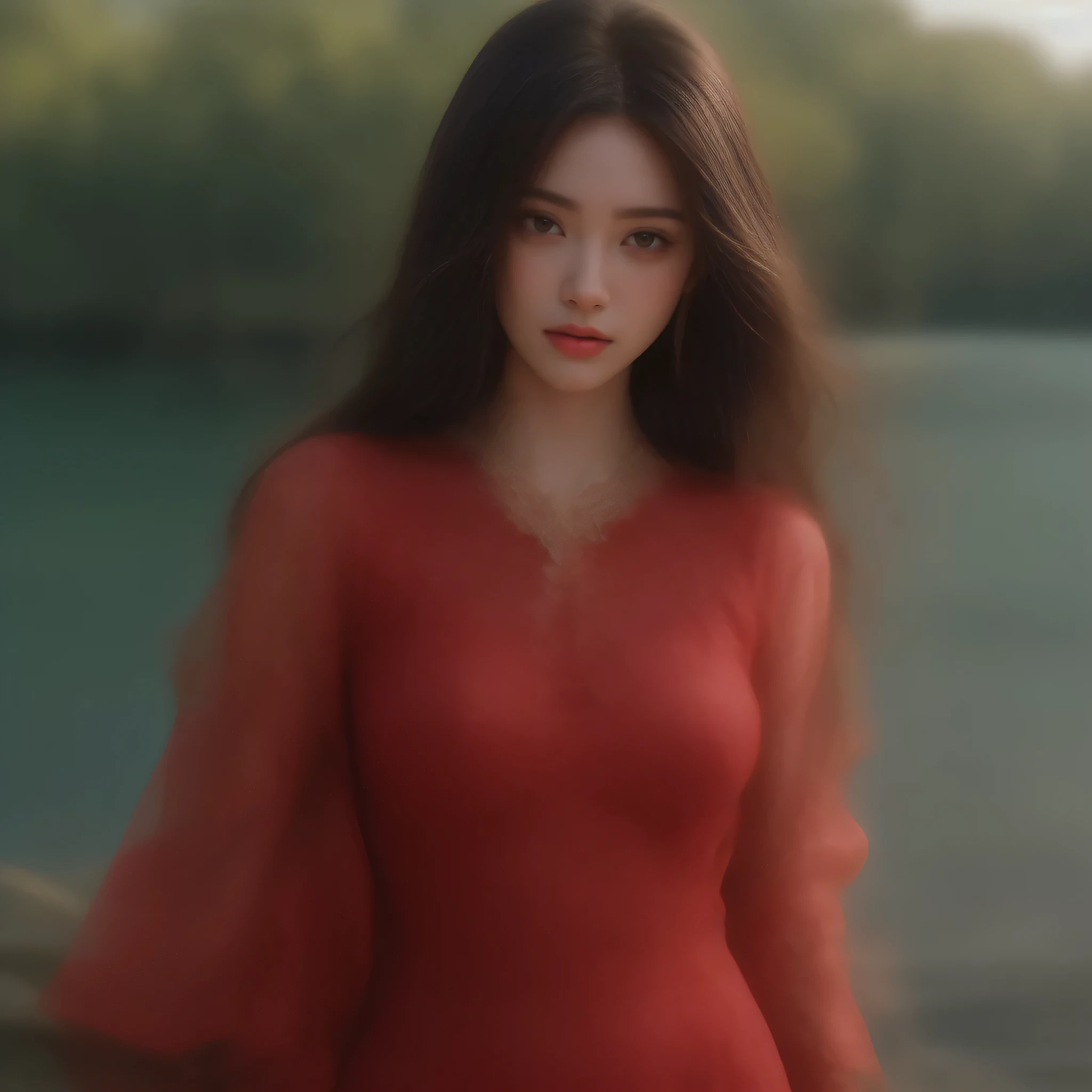 8k, masterpiece, 1 girl, beautiful face, very long hair, light makeup, detailed eyes, detailed lips, small figure, detailed dress, red dress, (wearing jewellery:1.8), (red lace:1.4), ((lake:1.4)),