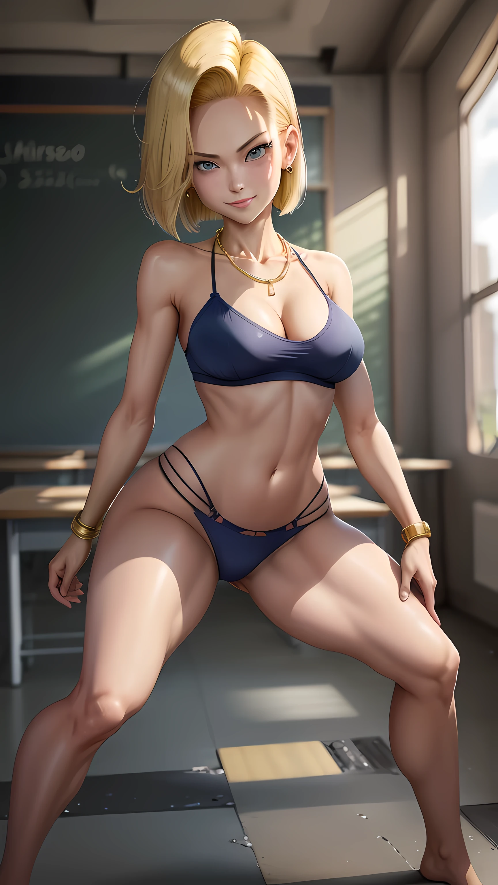 best quality, highres, and18, 1girl, android 18, solo girl, 1girl, blonde hair, blue eyes, (red lingerie), gold necklace, short hair, earrings, large breasts, classroom, blackboard, straight-on, , wet body, sexy smile, combat stance, full length pantyhose, battle ruins, wide hips, thick legs,
