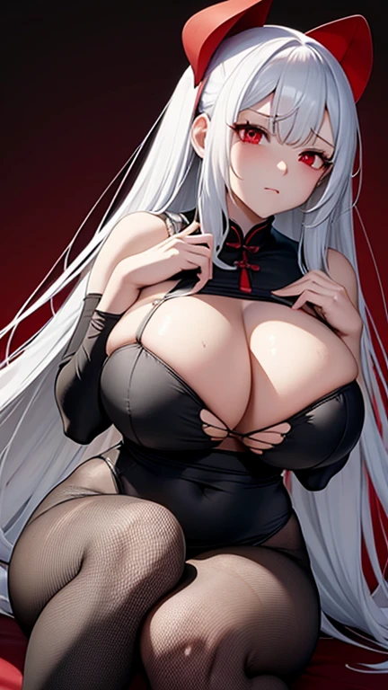 Torn red cheongsam,long white hair,Low cut clothing,huge breasts,Ripped black pantyhose,groin,胸前Holes in clothes,胸前Damaged clothes,Holes in clothes,Damaged clothes,Battle damage,Seriously injured,Wipe the blood from the corner of your mouth with your hand,Breathing heavily,Weakness of the body