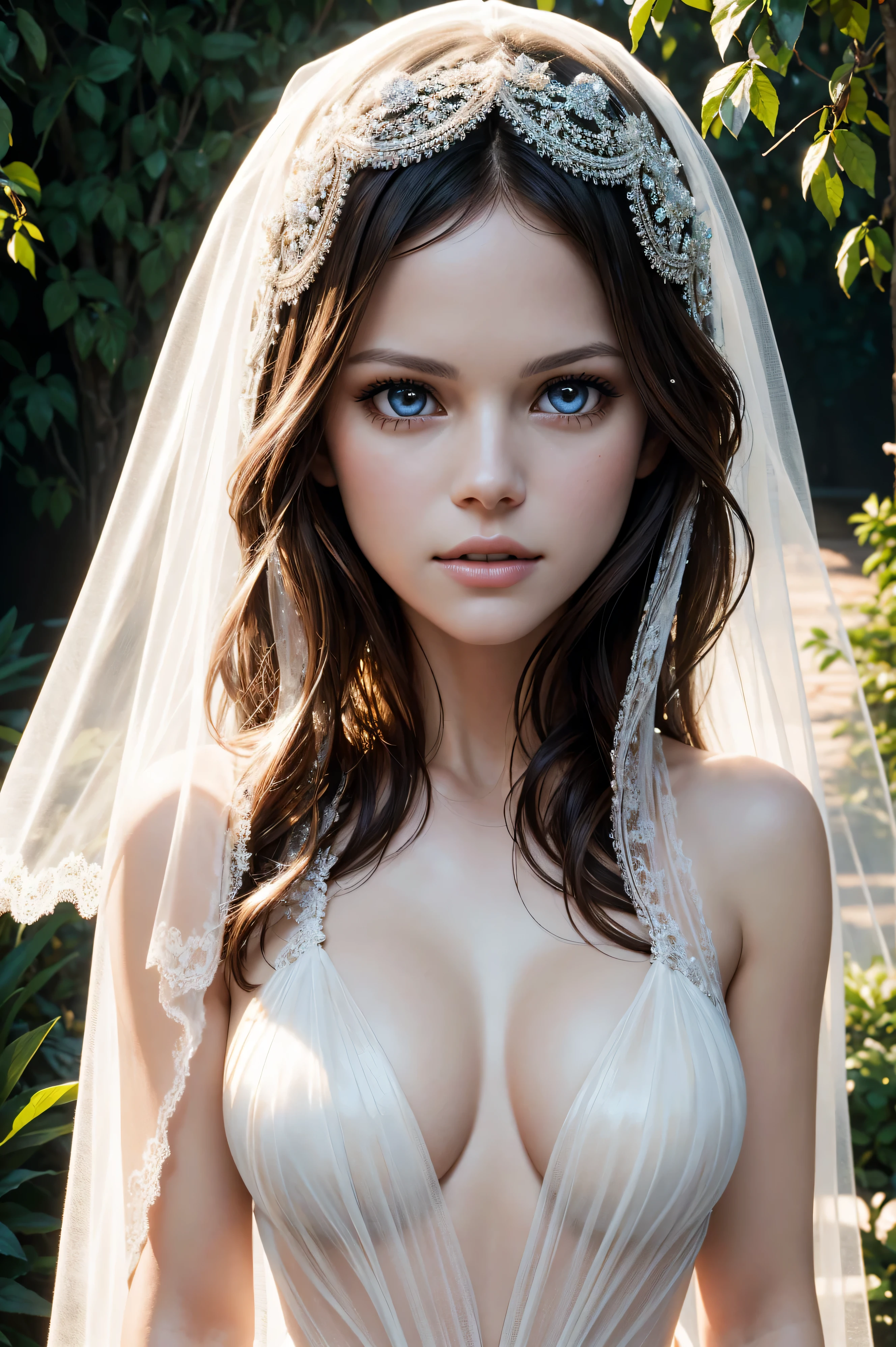 Rachel Bilson, wearing veil bride nude costume transparent. professionally retouched, soft lighting, realistic, smooth face, perfect eyes, sharp focus on eyes, 8 k, high definition, insanely detailed, intricate, elegant. against the background of the garden.