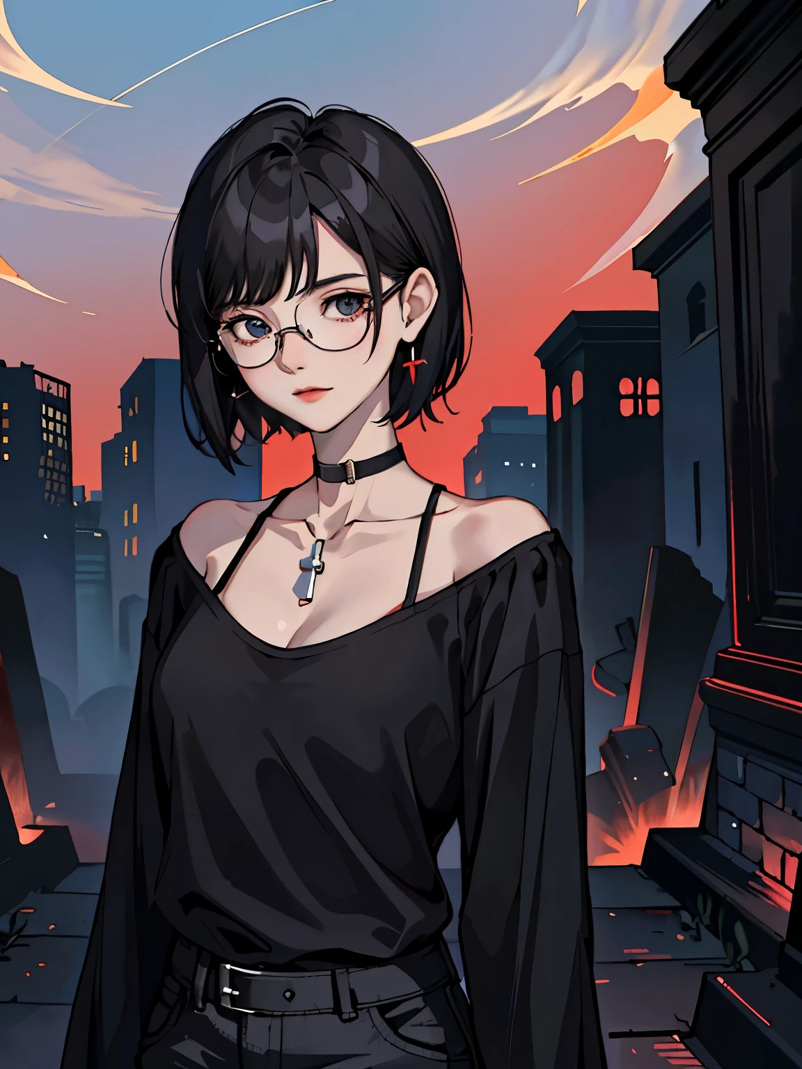 (masterpiece:1.2、highest quality), (1 lady、solo、upper part of the body:1.2), Hairy pubic area:short hair,Black and only the neckline is red.、Quilted:black t-shirt、round glasses、place:ruins、Boneyard、ghost、skeleton、Psychic phenomena、midnight、erotic、sexual、gal、