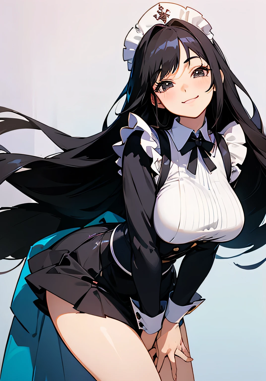 {best quality},guest room、long black hair、mature woman、Big beautiful breasts、bangaid outfit、short　skirt、maid cap、playful smile、Low angle、cowboy shot、looking at the camera