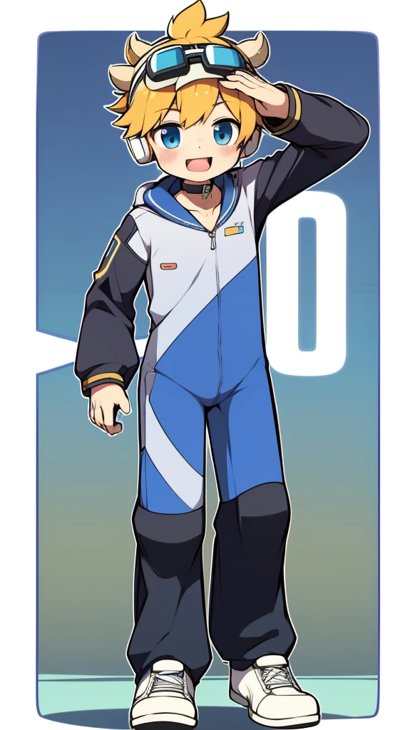 Two-dimensional boy,One-piece mountaineering suit,horn,cow ears,Put the headphones on your head,stand up,goggles,sports shoes,Slim,Sailor collar,happy