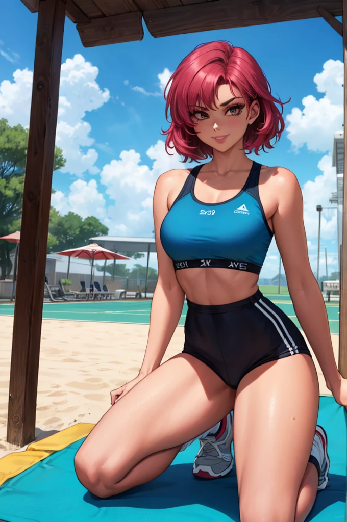 masterpiece, ultra-detailed, 80's anime (style), 2D, megapixel, perfectionism, full HD , 4K, (windjammers:0,9), sport game, mature anime woman, 1girl, looking at viewer, full body, brown hair and pink hair, short hair, weird hair, smile, lips, eyelashes, small breasts gym_uniform, gym shorts, headband, sports bra, elbow pad, knee pad, extreme sports outfit 80's theme, beach background, frisbee, flying disc, flying disc game, beach court, sea, sun in the sky, sports wear, woman