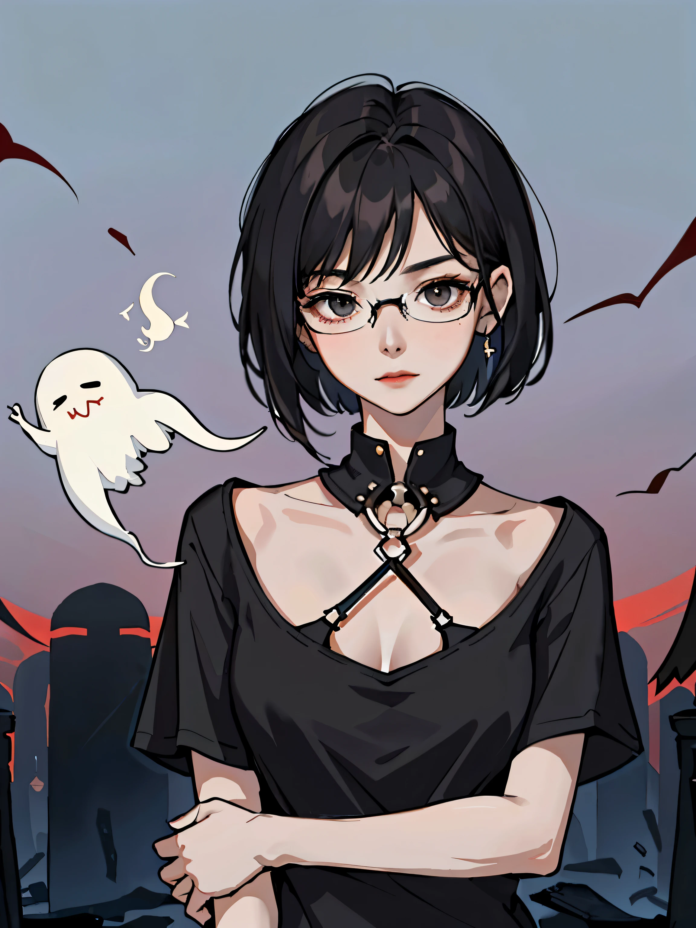 (masterpiece:1.2、highest quality), (1 lady、solo、upper part of the body:1.2), Hairy pubic area:short hair,Black and only the neckline is red.、Quilted:black t-shirt、round glasses、place:ruins、Boneyard、ghost、skeleton、Psychic phenomena、midnight、erotic、sexual、gal、