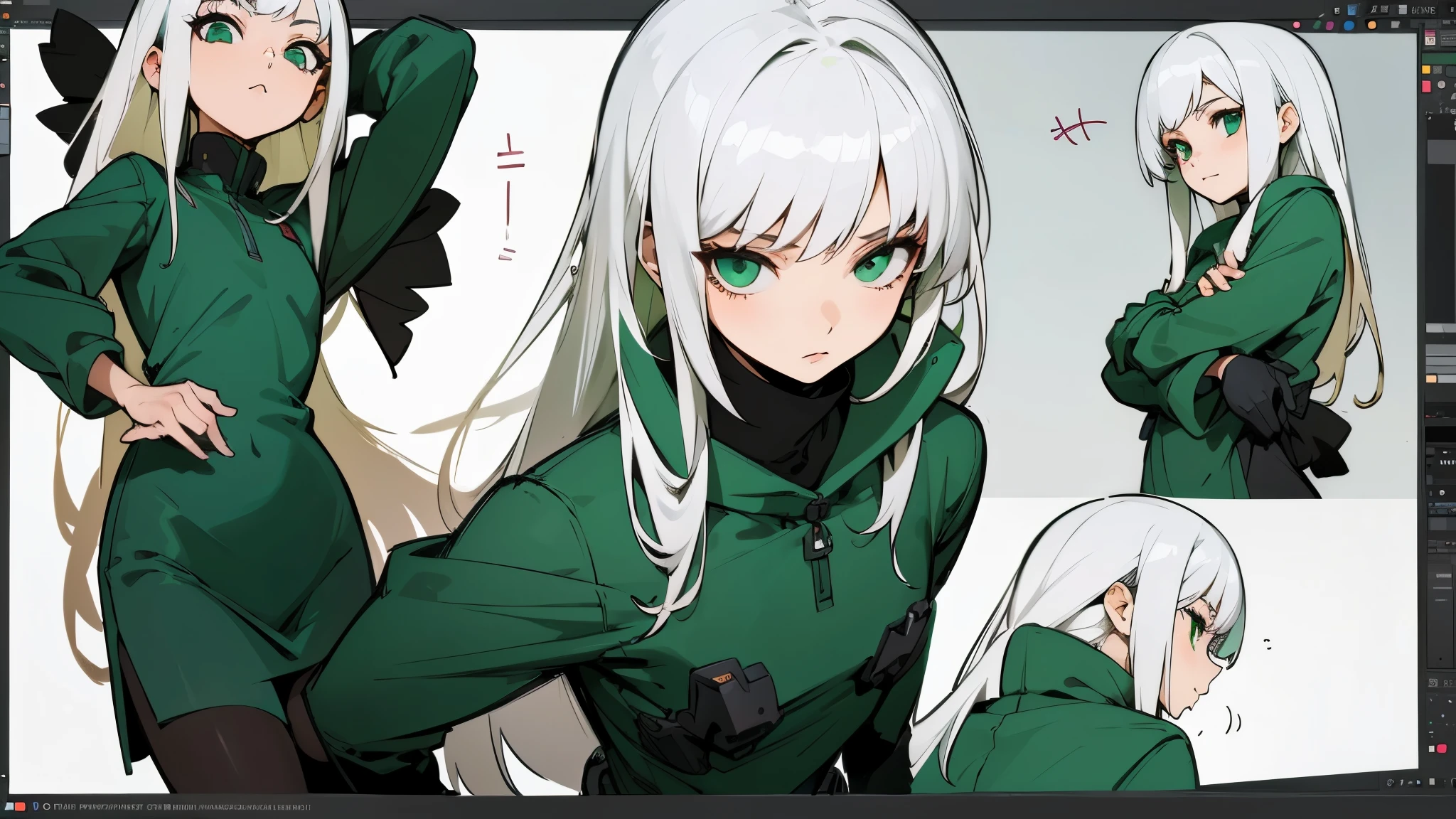 Anime girl with white hair and green eyes , long hair straight no wind、Anime CG arte suave, anime style. 8k, Hecho con Anime Painter Studio, Retrato realista kawaii, Render de una linda chica de anime , Retrato suave colorido, Anime estilizado、character design sheet, (Calidad de imagen superior), (Fondo de pantalla 8k unificado CG ultrafino), (colorido:1.2), Sharp focus, flat chest, green clothes short dress cute, type of body small. very detailed lineart
