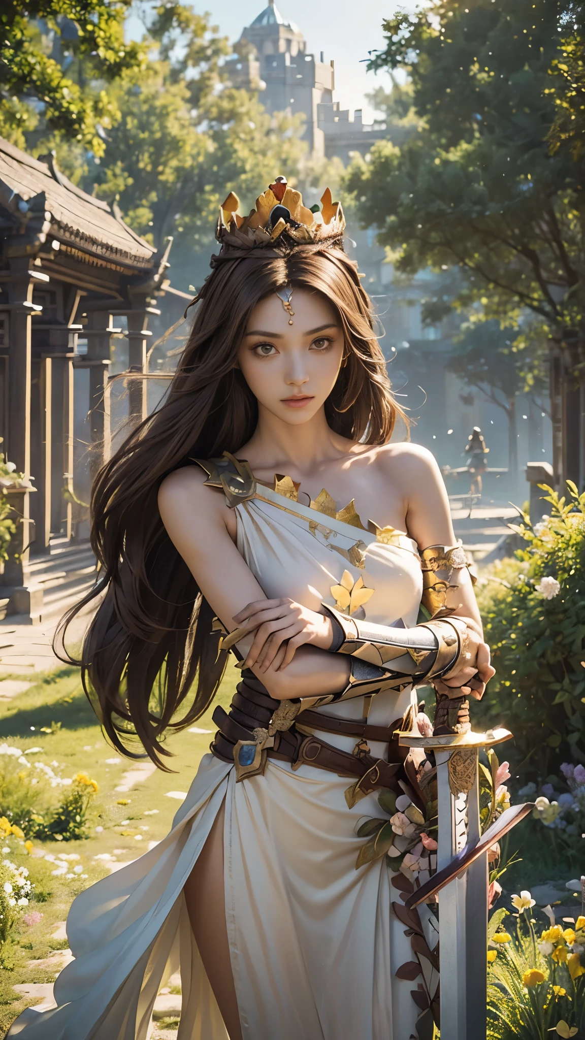 model shoot,1 girl, (innocent face:1.5), long hair, (assassin armor:1.2), (brown cosplay:1.5), (bare shoulder:1.4), ( beautiful crown:1.5), (bloom effect:1.5), hyper realistic, super detailed, Dynamic shot, masterpiece, park scenery sharp détails, perfect eyes, perfect skin, (two handed sword:1.5), (perfect slim body:1.5), attractive poses,