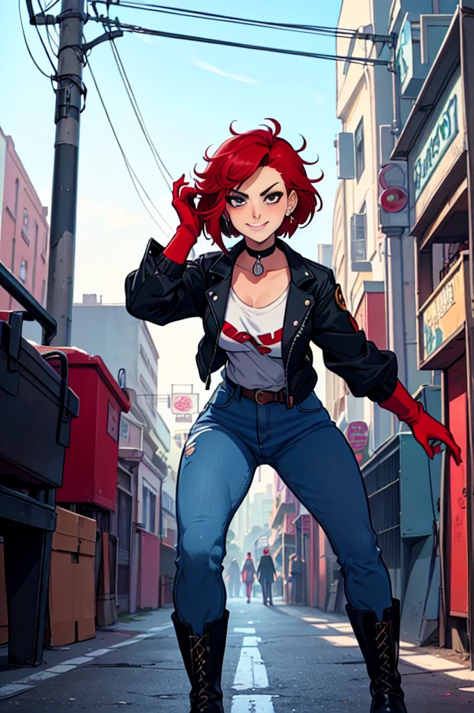 a Sukeban girl in the art style of persona5 and in the art style of street of rage 4, delinquent, (Sukeban), mature female, blush, mature, older woman, 26 years old, Sukeban teacher outfit, ((((1girl, solo female, solo, solo focus:1,9)))++++, choker, Sukeban teacher, Sukeban fighter, long sleeves, open jacket, blue jacket,( jeans)+++, light skin tone female, (full body)+++++, jacket, biker jacket, tape, arm support, gloves, red gloves, bridal gauntlets, nail polish, boots, black footwear, fighter outfit, (full body)+++++++, hourglass, mature face, cheeky smile, cheeky face, wrinkles, (((((red hair, short hair, earrings, ear piercings)))), red eye, fighting art, Martial arts, standing, fighting stance, fight, fighting), extra colors, 2D, megapixel, perfectionism, accent lighting, full HD , (Masterpiece:1.2), (full-body-shot:1),(cowboy shot:1.2), (Highly detailed:1.2),(anime Detailed Face:1.2), Colorful, A detailed eye, (Detailed landscape:1.2), (natural lighting:1.2), ((Sukeban school teacher)) by Vincent Di Fate: Aidyllery, Anamorphic Shot, rule of thirds, face by Artgerm and WLOP, ((street of rage 4 city backround)), fictive city backround in the style art of street of rage 4, gainax anime style, studio gainax art, studio gainax illustration, inspired by Masamune Shirow, studio gainax, by Masamune Shirow, beautiful charcter from evangelion, street of rage 4 art, street of rage 4 illustration,