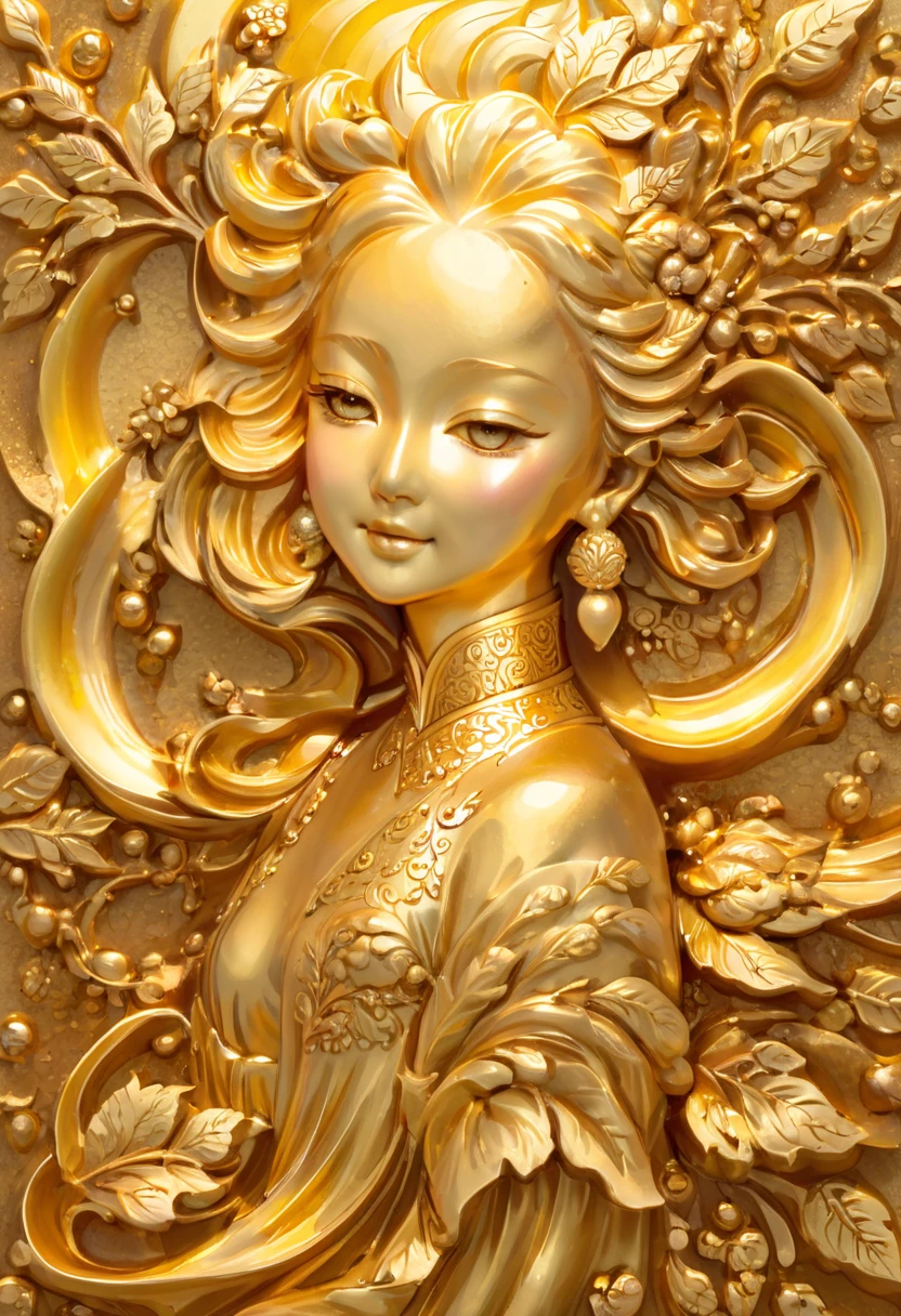 1girl, Gold Leaf Art, goldcarvingcd_xl, jinsixiangyun, traditional, golden, Gold Foil Art, gold leaf,gilded details,shimmering surface,meticulous craftsmanship,rich texture,ornate patterns,hand-applied gold leaf,golden accents,delicate brushwork,reflective surfaces,luxurious finish,breathtaking beauty,meticulous detailing,elegant composition,fine art masterpiece,visual opulence,vibrant colors,glowing golden hue,dramatic contrast,subtle shine,golden radiance,exquisite craftsmanship,gleaming surfaces,richly layered,illumination quality,baroque influences,refined elegance,luminous highlights,rich and regal,unparalleled luxury,artistic magnificence,timeless beauty,self-reflective surfaces,polished luminosity,lustrous appearance,dazzling brilliance,opulent aesthetic,opulent opulence,limitless beauty,decorative embellishments,unmatched elegance,celestial luminosity,heavenly glow,fine brushstrokes,delicate intricacy,detailed precision,exquisite artistry,dazzling exuberance,unparalleled grandeur,luxurious embellishments,illuminating radiance,dynamic texturing