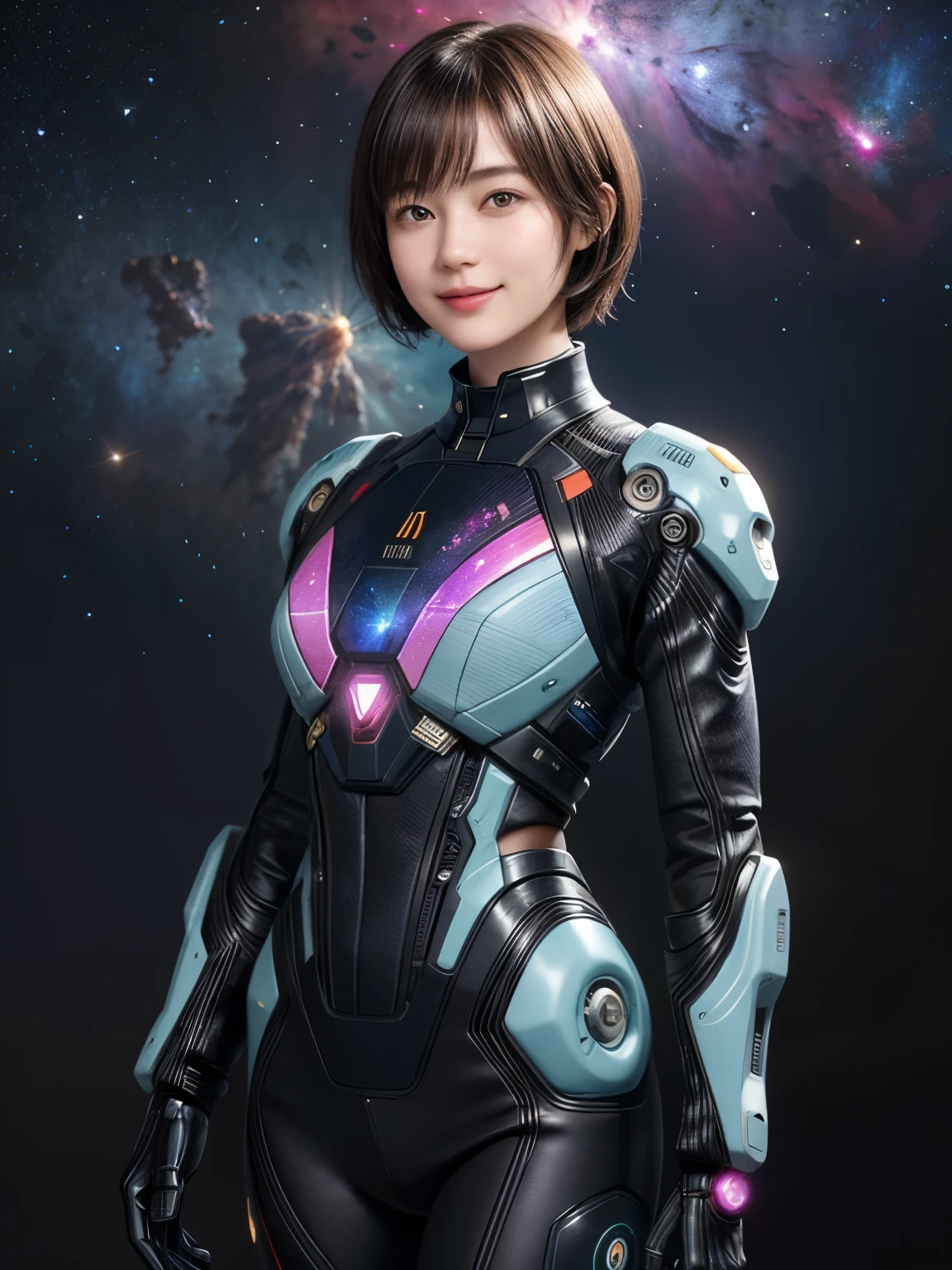 208 Short Hair, 20 year old female, Floral, gentle smile, Futuristic clothing, Mechanical Suit, (The background is a galaxy and nebula)