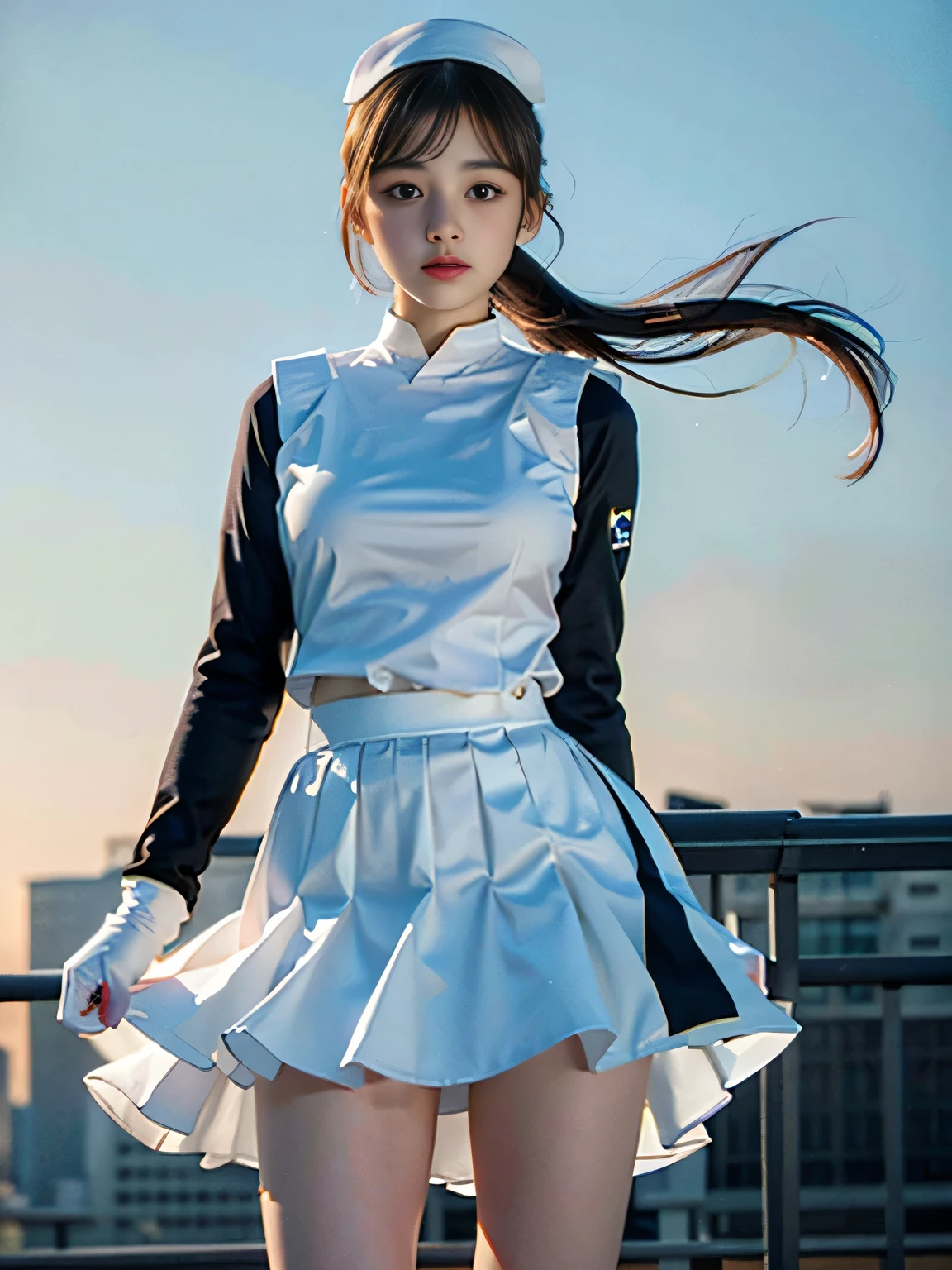 best quality, masterpiece, (realistic:1.2), (face and body straight at the camera;1.3), 1girl, 13 years old, (silhouette lighting:1.4), sobbing, light brown ponytail hair with bangs, white nurse costume, white nurse cap, white gloves and mask, detailed face, amber eyes, beautiful eyes, medium breast, (spread arms:1.4), rooftop in twilight, windy upskirt, wind blowing skirt