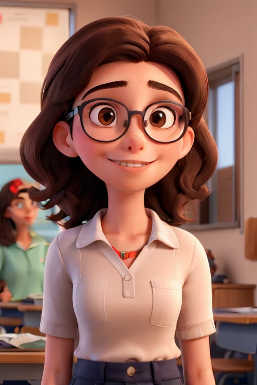 Rosto de adolescente mulher morena, medium hair, olhos grandes, wearing prescription glasses, sorriso triste, muito preocupada com o futuro, sala de aula