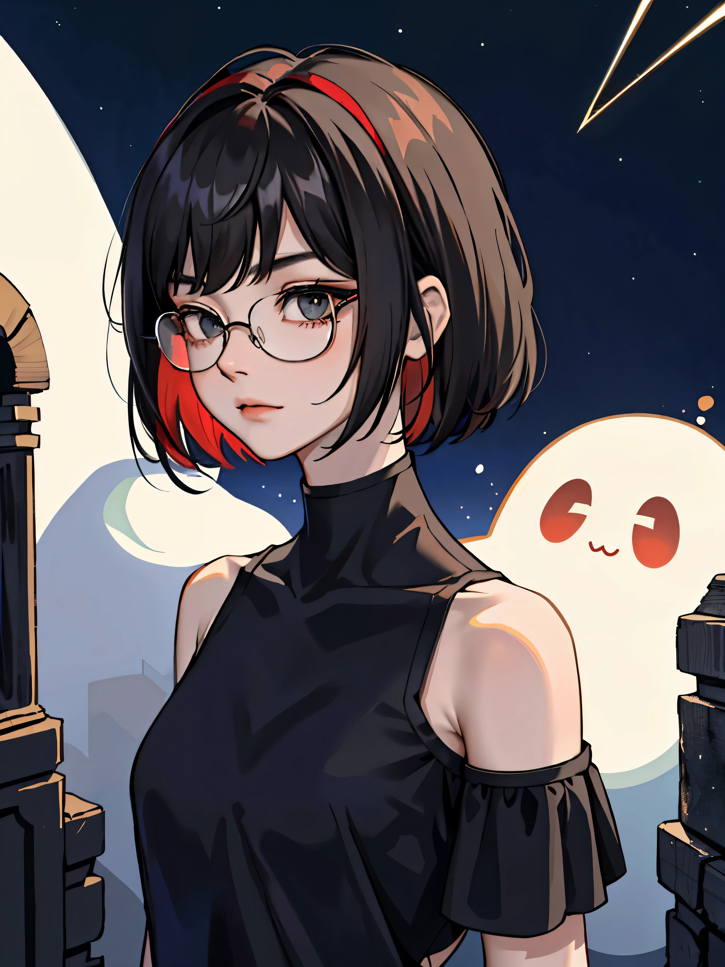 (masterpiece:1.2、highest quality), (1 lady、solo、upper part of the body:1.2), Hairy pubic area:short hair,Black with red hair only at the neckline、Quilted:black t-shirt、round glasses、place:ruins、Boneyard、ghost、skeleton、Psychic phenomena、midnight、erotic、sexual、gal、small breasts