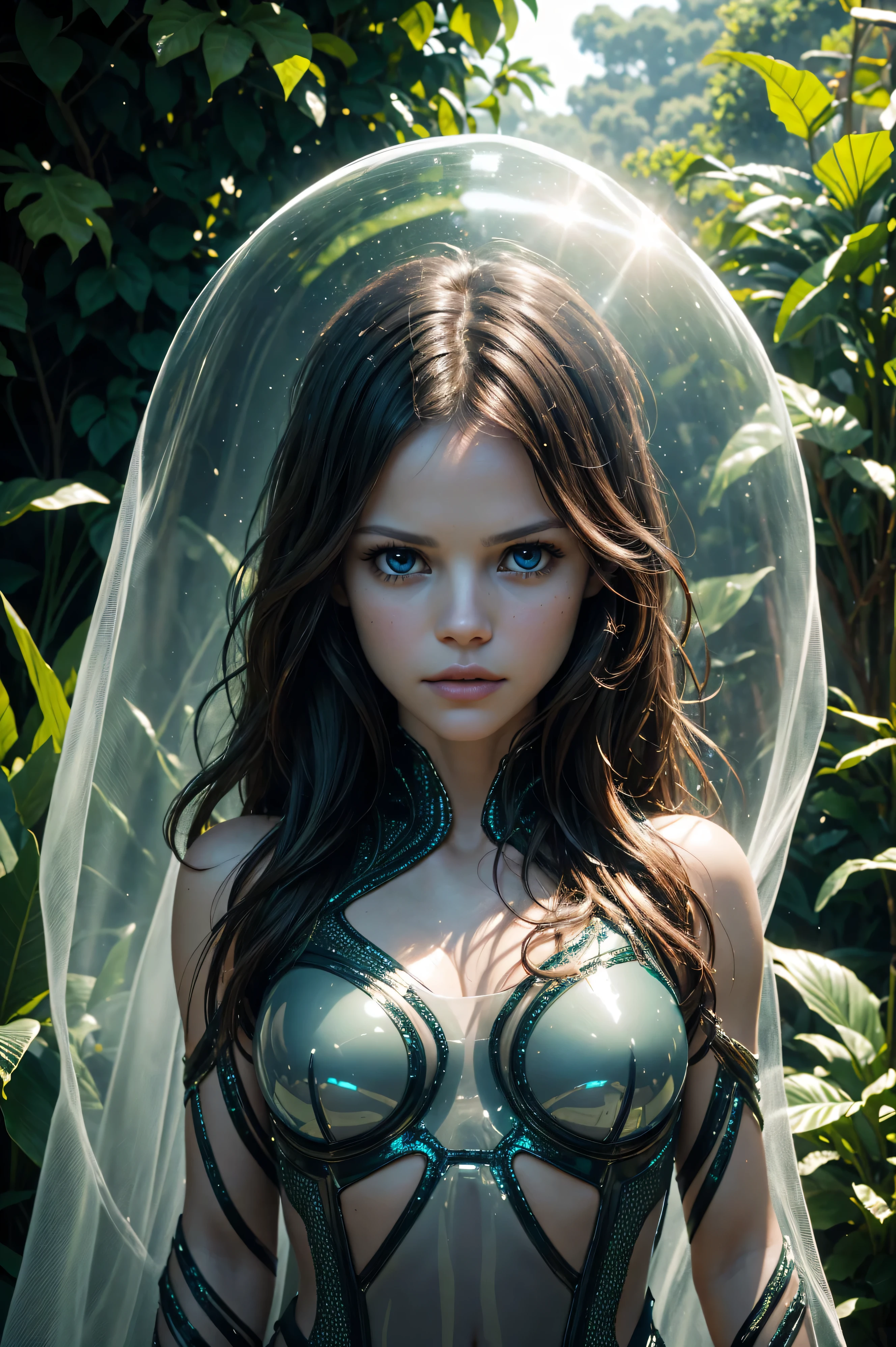 Rachel Bilson, wearing alien costume transparent. professionally retouched, soft lighting, realistic, smooth face, perfect eyes, sharp focus on eyes, 8 k, high definition, insanely detailed, intricate, elegant. against the background of the garden.