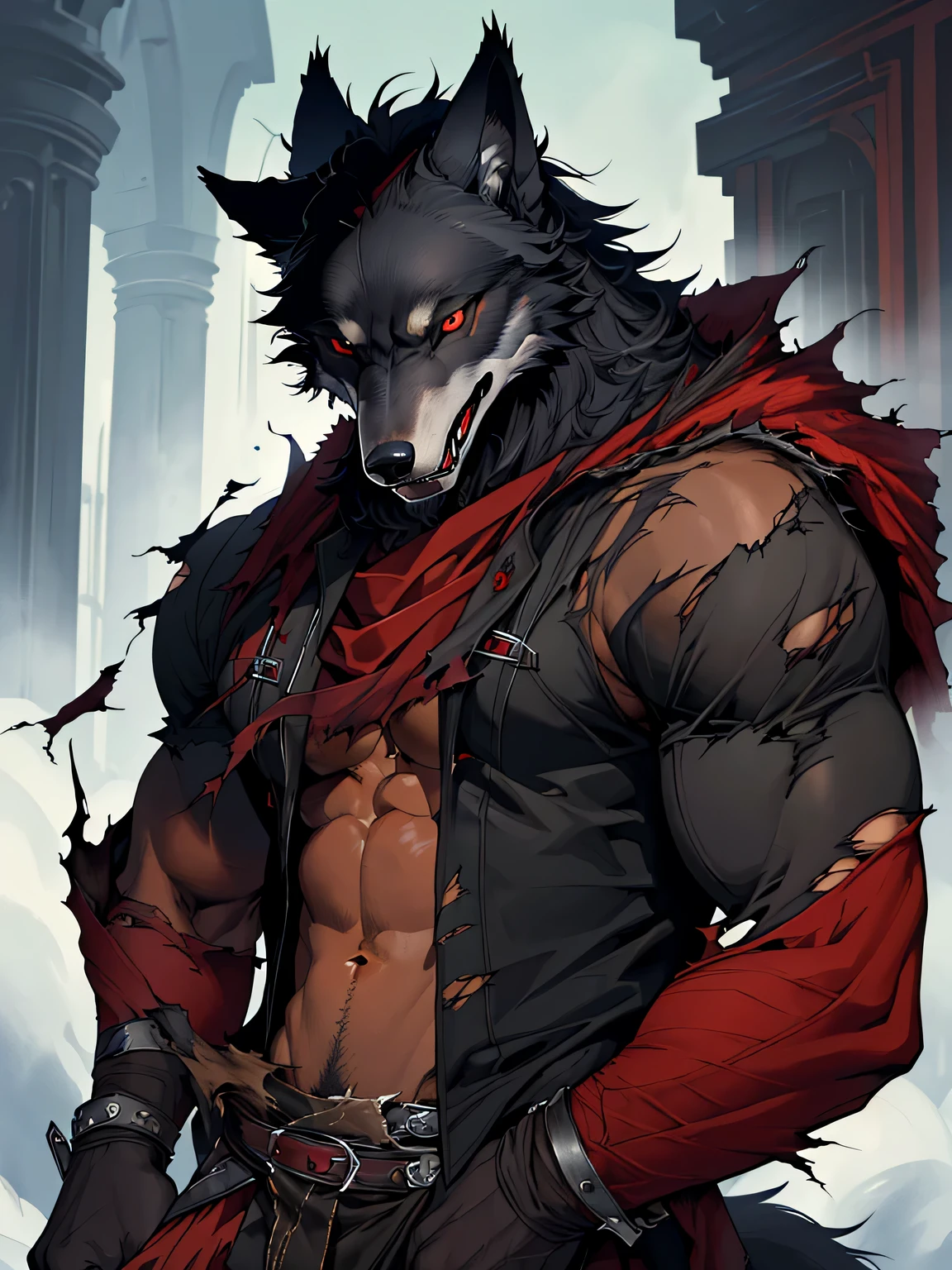 fantasy, (((High resolution, best quality, masterpiece, high detailed))), ((Hungry wolf, anthro)), red eyes, muscular male, (black skin:1,6), all covered with wool, 
(((Torn clothing))), 