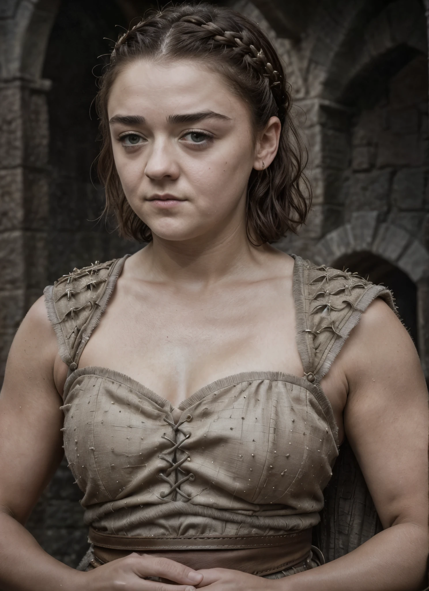 Foto RAW, RAW photograph of Maisie Williams, Roman Slave dress, toga dress, Arya Stark, 45 years old Woman, big natural breast, curvy, thick mature figure, motherly figure, incredible skin texture, skin pores, sweat, Extremely gorgeous lady, Arya Stark PLAYED BY MAISIE WILLIAMS, Queen Arya Stark, she  a mature woman now, milf, sexy mediaeval battle dress, gladiator woman, body, 40 years old Woman, body revealing costumes, perky breast, skin pores, big natural breast, erotic costumes, lusty physique, seductive figure can capture every people's attention, Game of thrones costumes, revealing captivating figure, Mediaeval costumes, revealing clothes, A tomboy, she would rather fence than dance, warrior queen , game of thrones screen caps, Game of Thrones Series, (pele altamente detalhada: 1.2), 8k UHD, DSLR, soft-lighting, alta qualidade, grain of film, Fujifilm XT3, flawless picture, highly detailed, detailed Beauty, intricate, 32k, sharp picture,