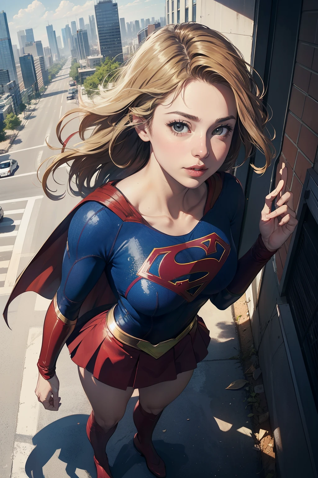 ((highest quality)), ((masterpiece)), (be familiar with), (High definition), (realistic), (realistic), (best shadow), low contrast, (Complex:1.4), side lighting, 8K, ((melissa Benoist)), ((SUPER GIRL)), perfect face、Detailed、(Accurate hand and finger depiction)、supergirl women、blonde、plump body、big breasts、constricted waist、big ass、Glamorous、glamorous、Standing on the roof of a high-rise building、Low - Angle、(from head to toe)、daytime、Skyscrapers and blue sky