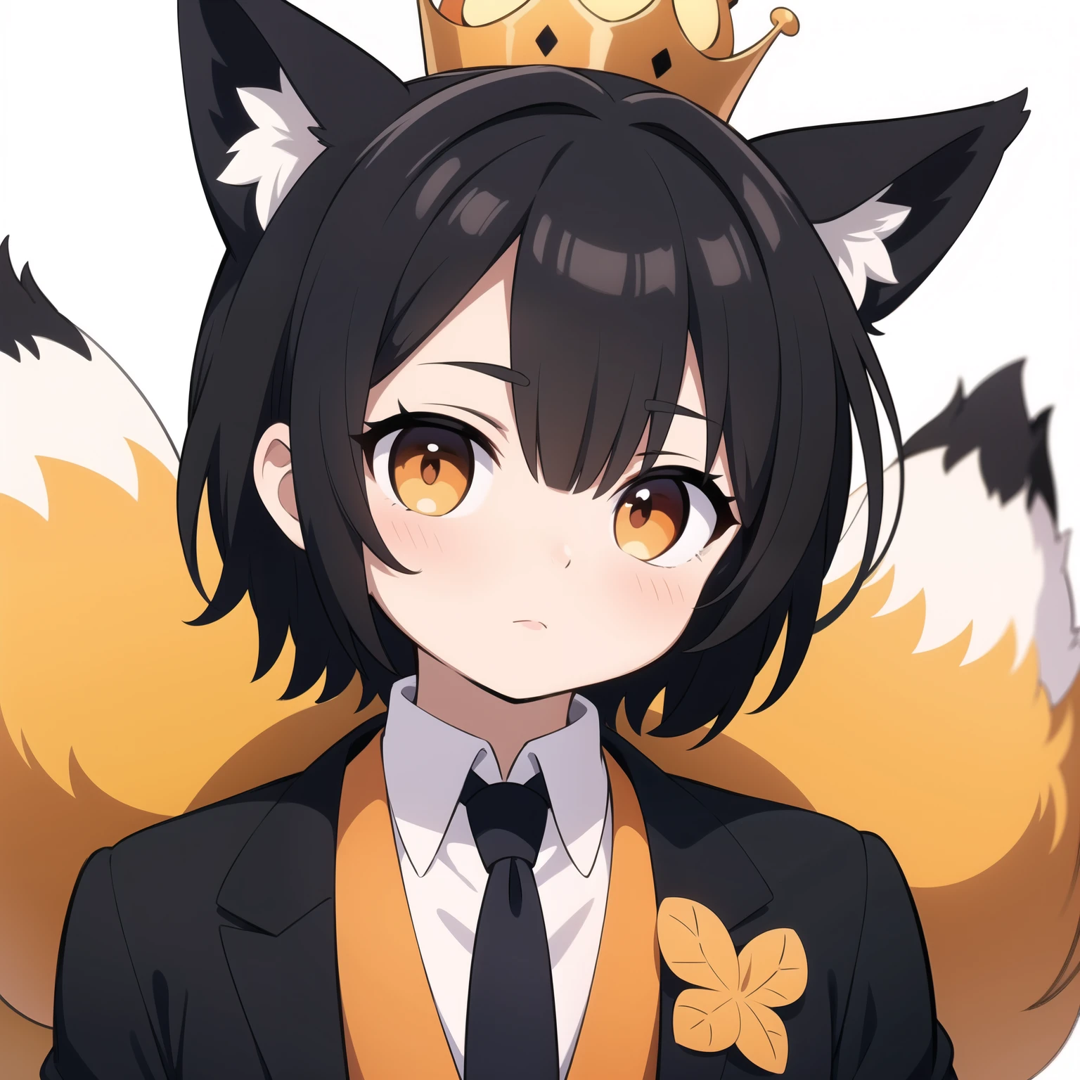 ((best quality)), ((masterpiece)), (detail), perfect face, ((1boy)), black hair, short hair, orange eyes, wear a golden crown, fox ears, black suit, orange tie, white background