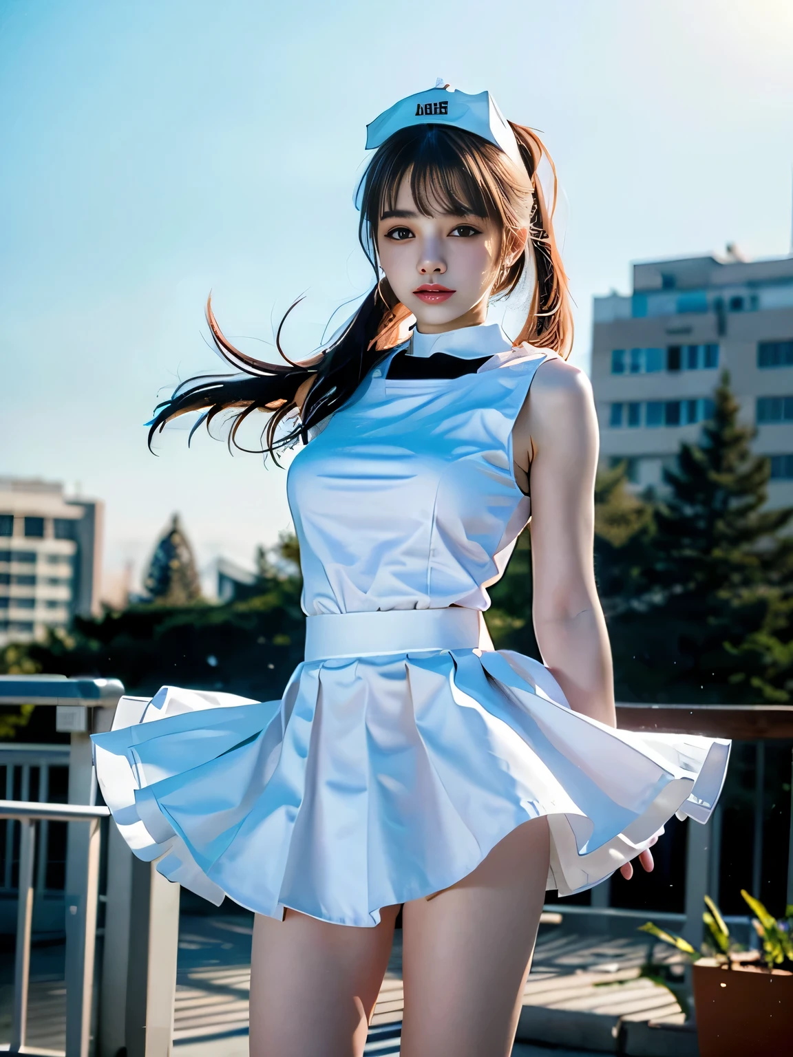 best quality, masterpiece, (realistic:1.2), (face and body straight at the camera;1.3), 1girl, 13 years old, (silhouette lighting:1.3), sobbing, light brown ponytail hair with bangs, white nurse costume, white nurse cap, white gloves and mask, detailed face, amber eyes, beautiful eyes, medium breast, (spread arms:1.4), rooftop in twilight, windy upskirt, wind blowing skirt
