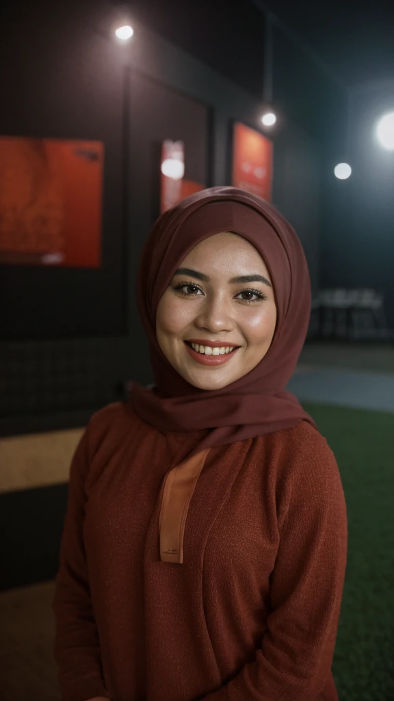 Malay girl in hijab wear big oversized loose dark red jersey and high waist palazzo pants in soccer field, watching soccer, wear back pack, front view, detail skin, detail skin texture, mole below eyes, big breast, big hip, big waist, big thigh, beautiful body, nighttime, laughing, happy, bright lighting, blur background, bokeh, Nikon D850, Photographie de film ,4 Kodak Portra 400 ,camera f1.6 lentilles ,hyper realistic ,lifelike texture, dramatic lighting , Cinestill 800, (high detail face:1.4) (sourire:0.7)