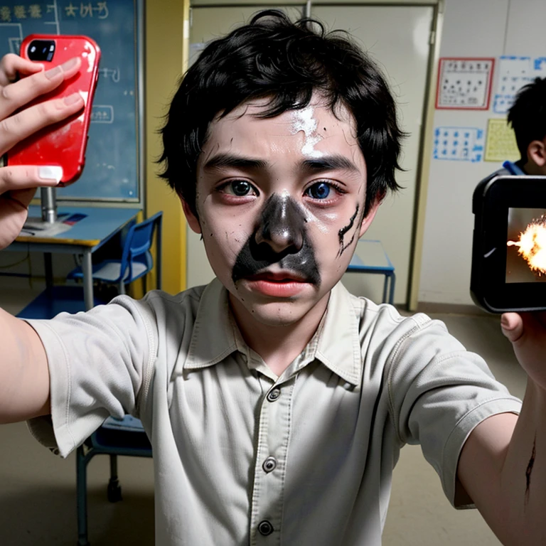 Filming a comedy movie set in a school science lab、Boy actor covered in soot and battered by explosion takes selfie