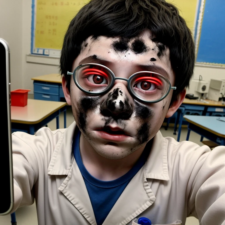 Elementary school boy takes selfie after getting electrocuted during experiment and covered in soot