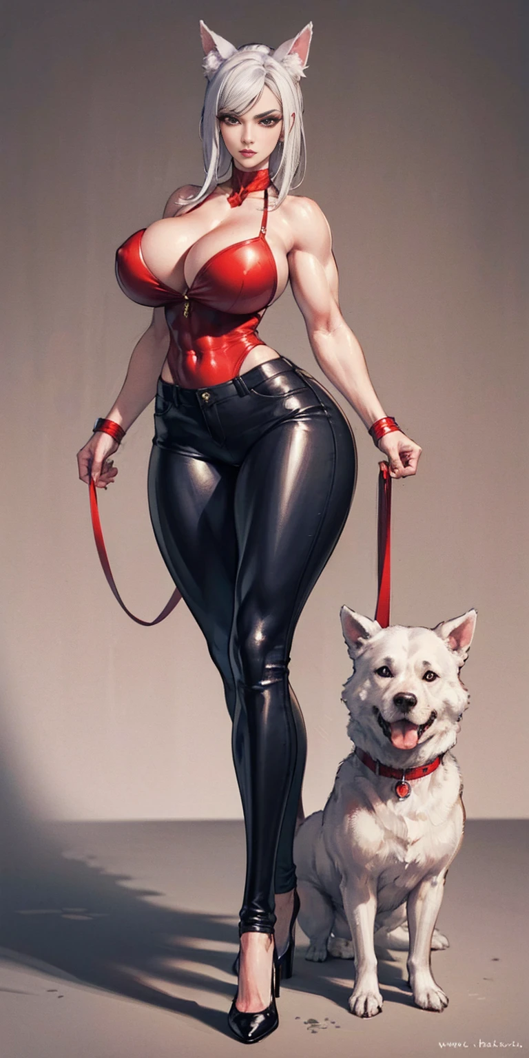 Masterpiece, burly woman, exaggerated large muscles, skinny pants, high-heels, standing on your feet, beautiful attractive face, full body like, single female, very fair skin, thin waist, very broad shoulders, strong and powerful arms, stout arms, strong and powerful leg muscles, looking to the camera, dog ears, fluffy dog ears