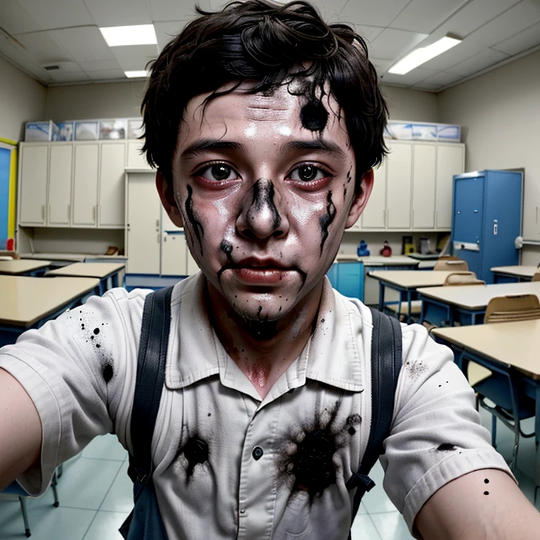 A boy scientist in a classroom fails during an experiment and is caught in an explosion, leaving him completely battered and covered in soot.
