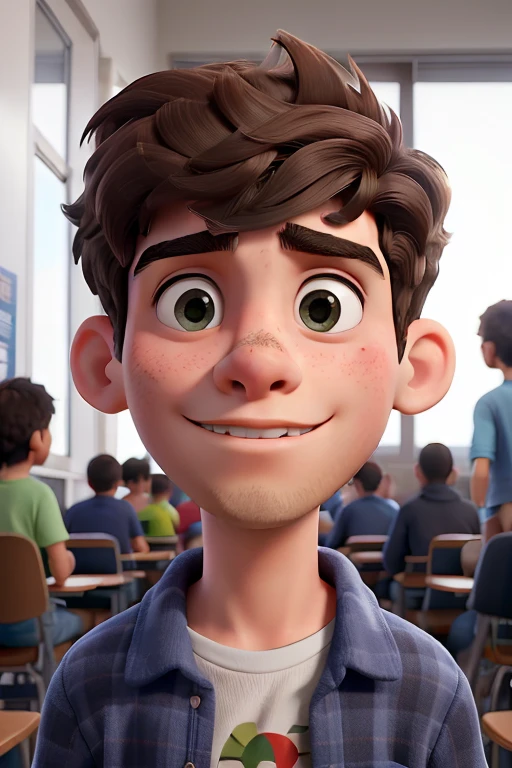 Rosto de adolescente masculino moreno, cabelos curtos, olhos grandes, muito triste, muito preocupado com o futuro, sala de aula
