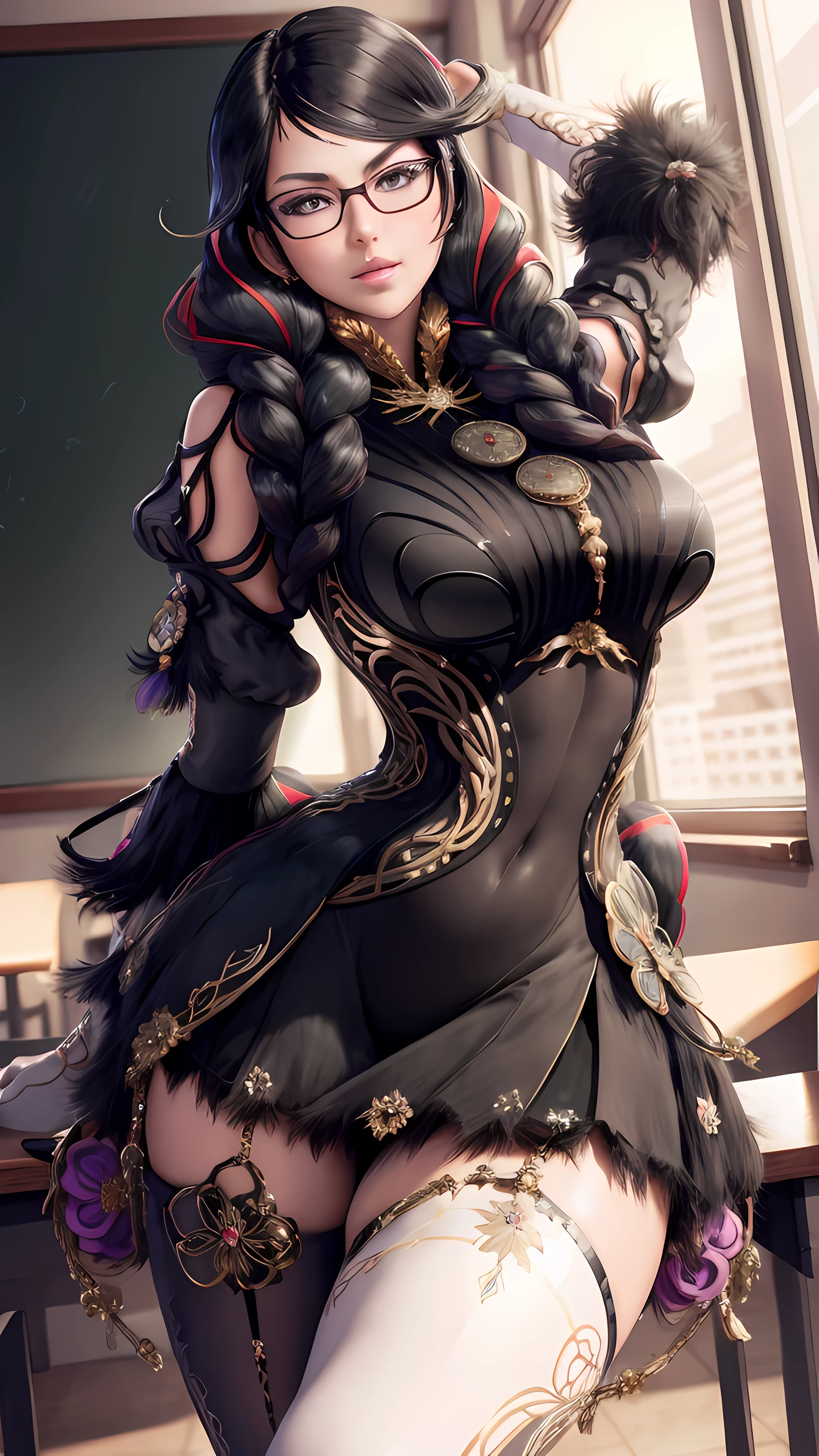 bayonetta_3_twintail_aiwaifu, sexy lingerie, classroom, blackboard,(insanely detailed, beautiful detailed face,beautiful detailed eyes, masterpiece, best quality) , solo,
