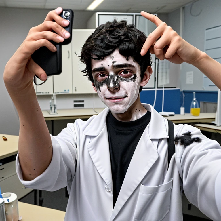 During the filming of a comedy movie set in a school science lab、A boy actor takes a selfie after being covered in soot and in tatters after an explosion