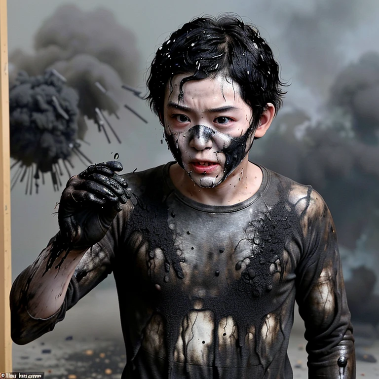 He was caught in an explosion while filming a slapstick comedy.、Boy actor covered in soot.