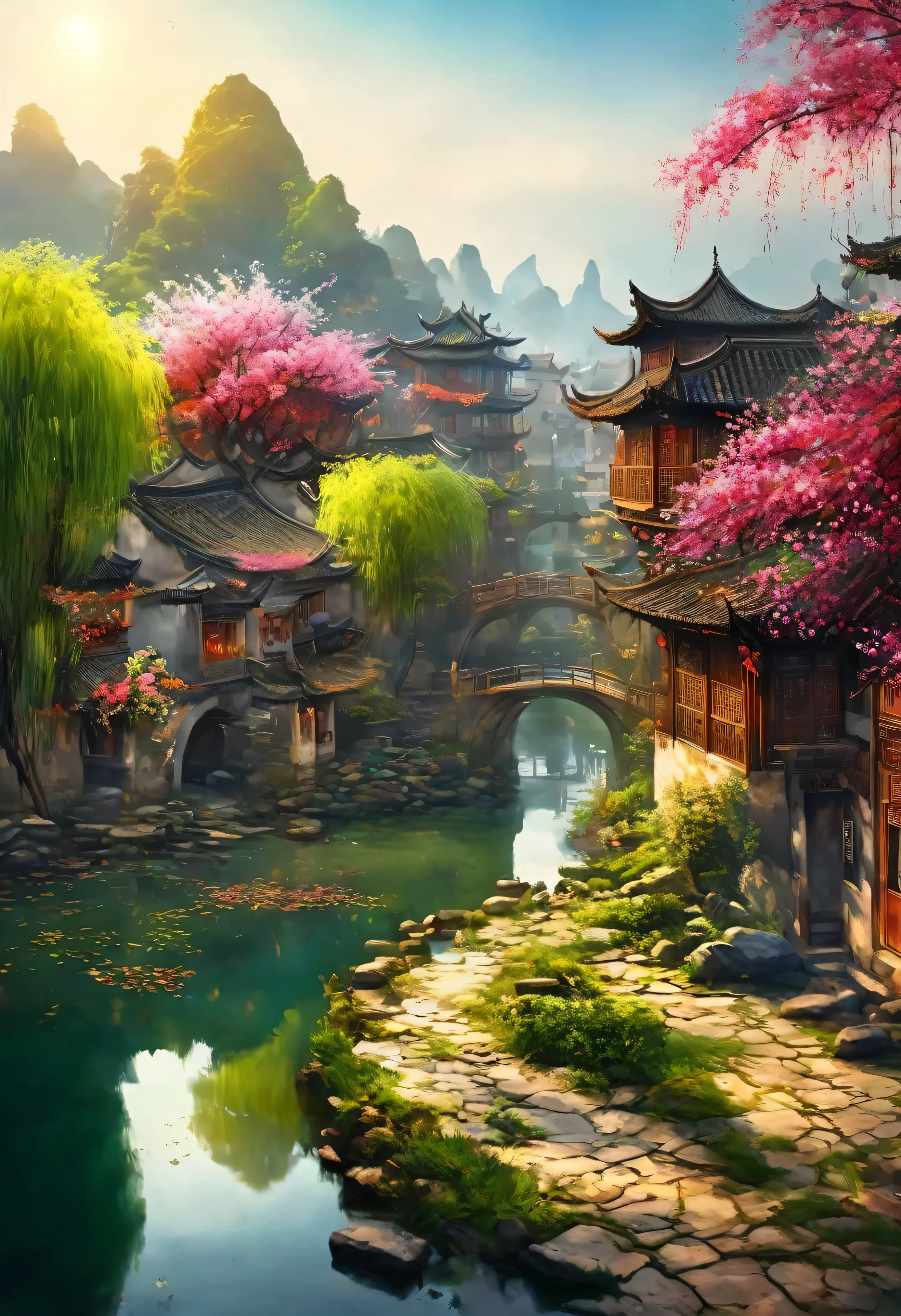 (vibrant with colors),(Semi-realistic),A vibrant riverside scene in ancient China,(Tranquil river water)Show on the(Elegant arch bridge)Oblivity,(Local villagers)'s(Picturesque residence),(Ming dynasty depiction:1.1),Jiangnan Ancient Town,Small bridges and flowing water,Peaceful farmland outside the bustling city,(Sunny morning:1.2),(fine brushwork:1.1),Dynamic depiction,Panorama of the water's edge,Authentic atmosphere,Vivid authenticity,mesmerizing charm,Rich picture,8K resolution