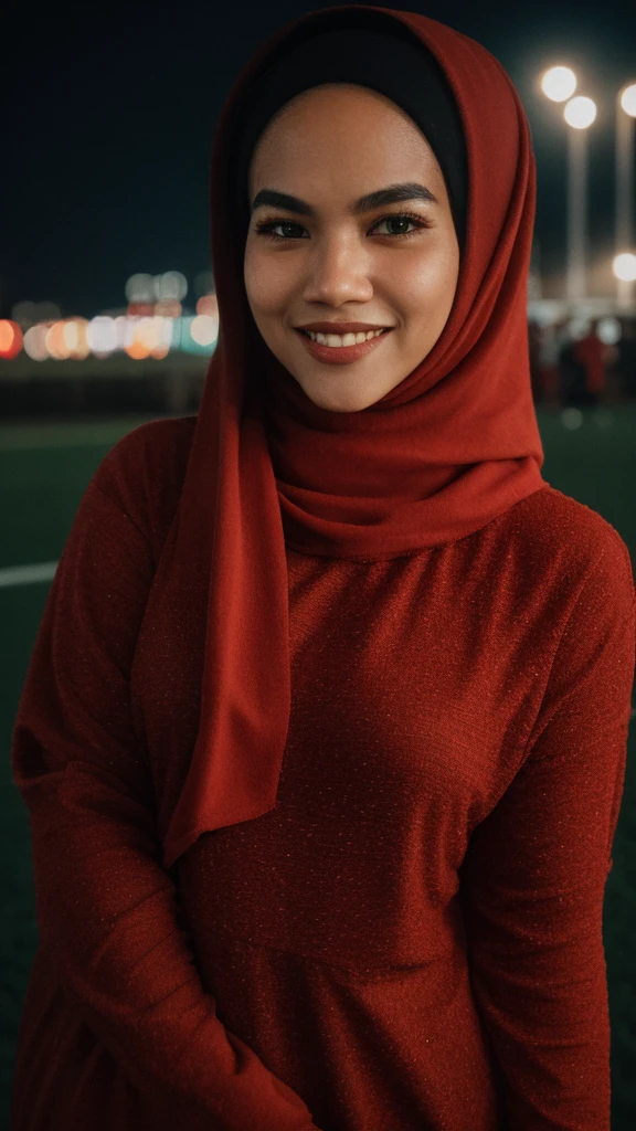 Malay girl in hijab wear big oversized loose dark red jersey and high waist palazzo pants in soccer field, watching soccer, wear back pack, front view, detail skin, detail skin texture, mole below eyes, big breast, big hip, big waist, big thigh, beautiful body, nighttime, laughing, happy, bright lighting, blur background, bokeh, Nikon D850, Photographie de film ,4 Kodak Portra 400 ,camera f1.6 lentilles ,hyper realistic ,lifelike texture, dramatic lighting , Cinestill 800, (high detail face:1.4) (sourire:0.7)