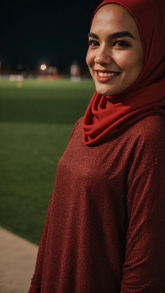 Malay girl in hijab wear big oversized loose dark red jersey and high waist palazzo pants in soccer field, watching soccer, wear back pack, front view, detail skin, detail skin texture, mole below eyes, big breast, big hip, big waist, big thigh,  beautiful body, nighttime, laughing, happy, bright lighting,  blur background, bokeh, Nikon D850, Photographie de film ,4 Kodak Portra 400 ,camera f1.6 lentilles ,hyper realistic ,lifelike texture, dramatic lighting , Cinestill 800, (high detail face:1.4) (sourire:0.7)