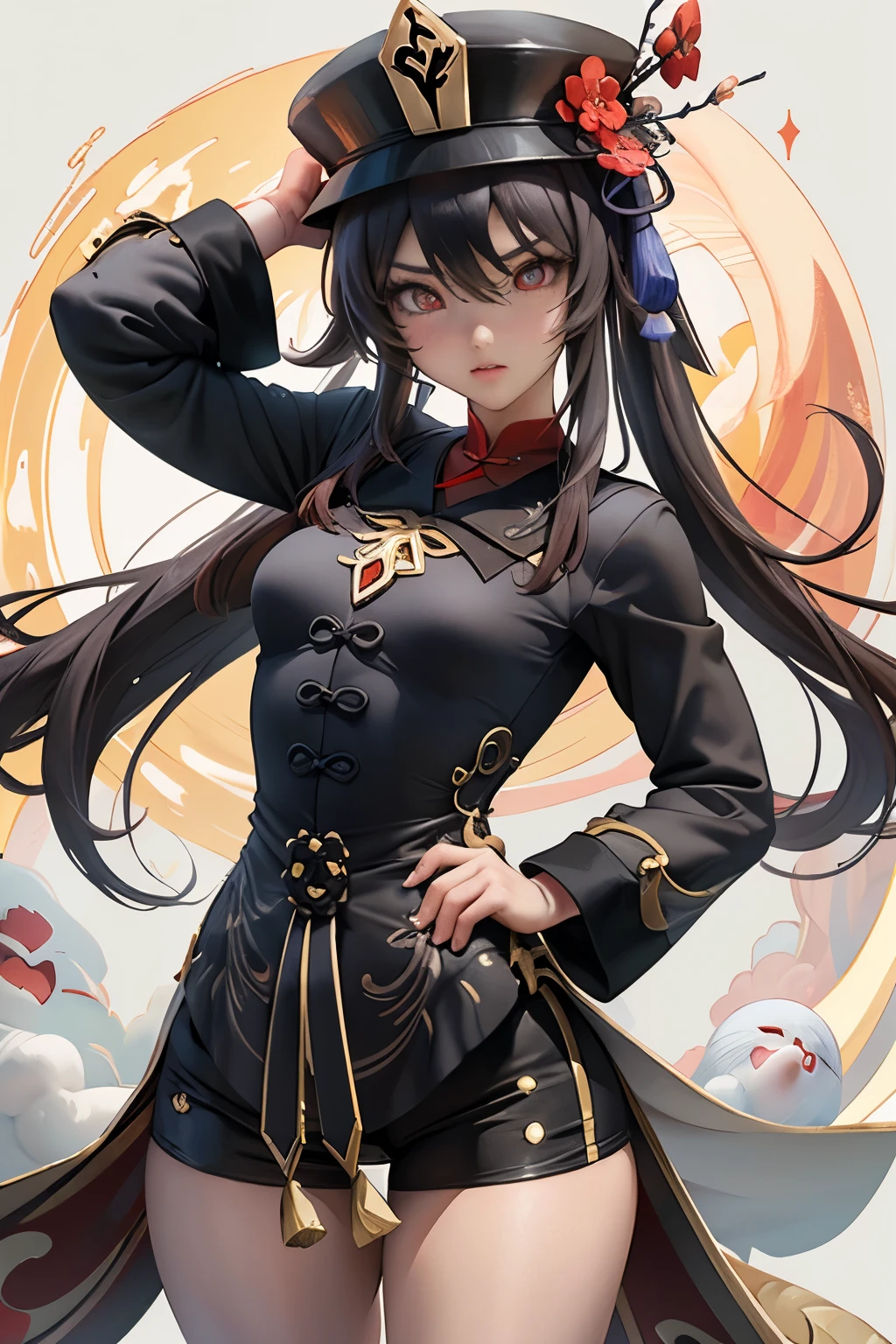 2d, masterpiece, best quality, anime big chest,thick thighs highly detailed eye, highly detailed face, , perfect outfit, cowboy lens, 1 girl, alone, standing, hu tao\(genshin impact\)perfect hands, students in symbol shapes, flower-shaped pupils, Hats, Red flower, red eyes, SakuraNS, sakimichan art style
