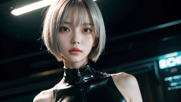 1 girl, pink neon ,android, 女性android , cyber punk, club,dim lighting, neon signs,fc portrait, neon,cyber punk, futuristic ,Japanese girl with short, straight silver hair, bang, bob cut, brown eyes, 15 years, young, pale skin, slender body, small breasts, small breasts, ultra high resolution, UHD, (realistic:1.4), doll-like face, futuristic鎧,
