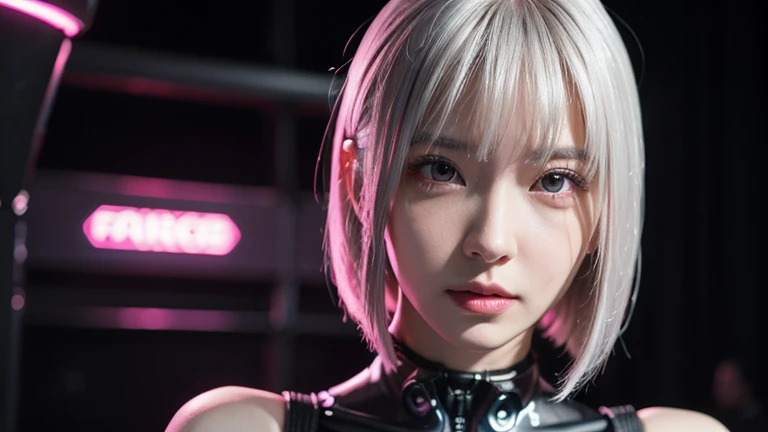 1 girl, pink neon ,android, 女性android , cyber punk, club,dim lighting, neon signs,fc portrait, neon,cyber punk, futuristic ,Japanese girl with short, straight silver hair, bang, bob cut, brown eyes, years, young, pale skin, slender body, small breasts, small breasts, ultra high resolution, UHD, (realistic:1.4), doll-like face, futuristic鎧,