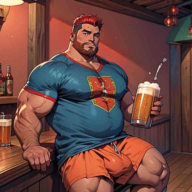 Make a man with obesity. Esse homem deve estar usando roupa vermelha. Ele deve estar dentro de um bar. He's drinking beer. Foto ultra realista, qualidade 8k, Full HD